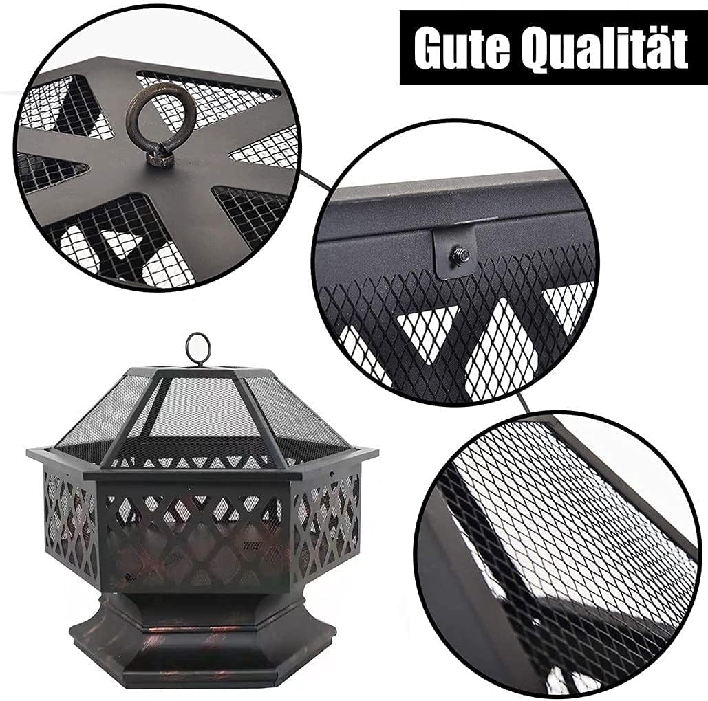 Garden Fire Pit Grill Bowl Grill Barbecue Rack Outdoor Fire Pit Bowls Wood Burning, Hex-Shaped 24In Steel Fire Pit for Garden with Spark Screen Grill and Grate for Garden,Patio,Yard