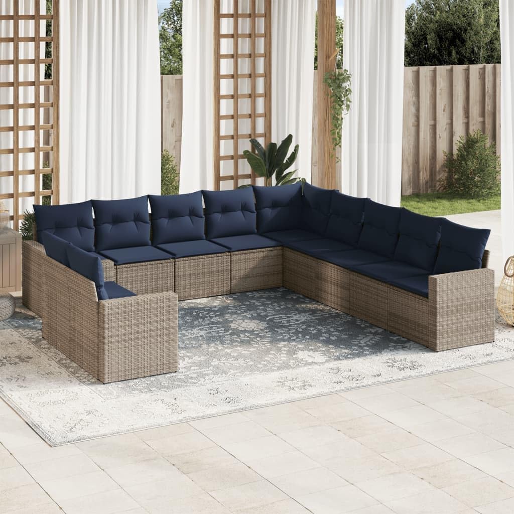 11 Piece Patio Sofa Set, Gray Poly Rattan Outdoor Furniture with Cushions, Modular Garden Seating for Backyard Terrace, Weather-Proof