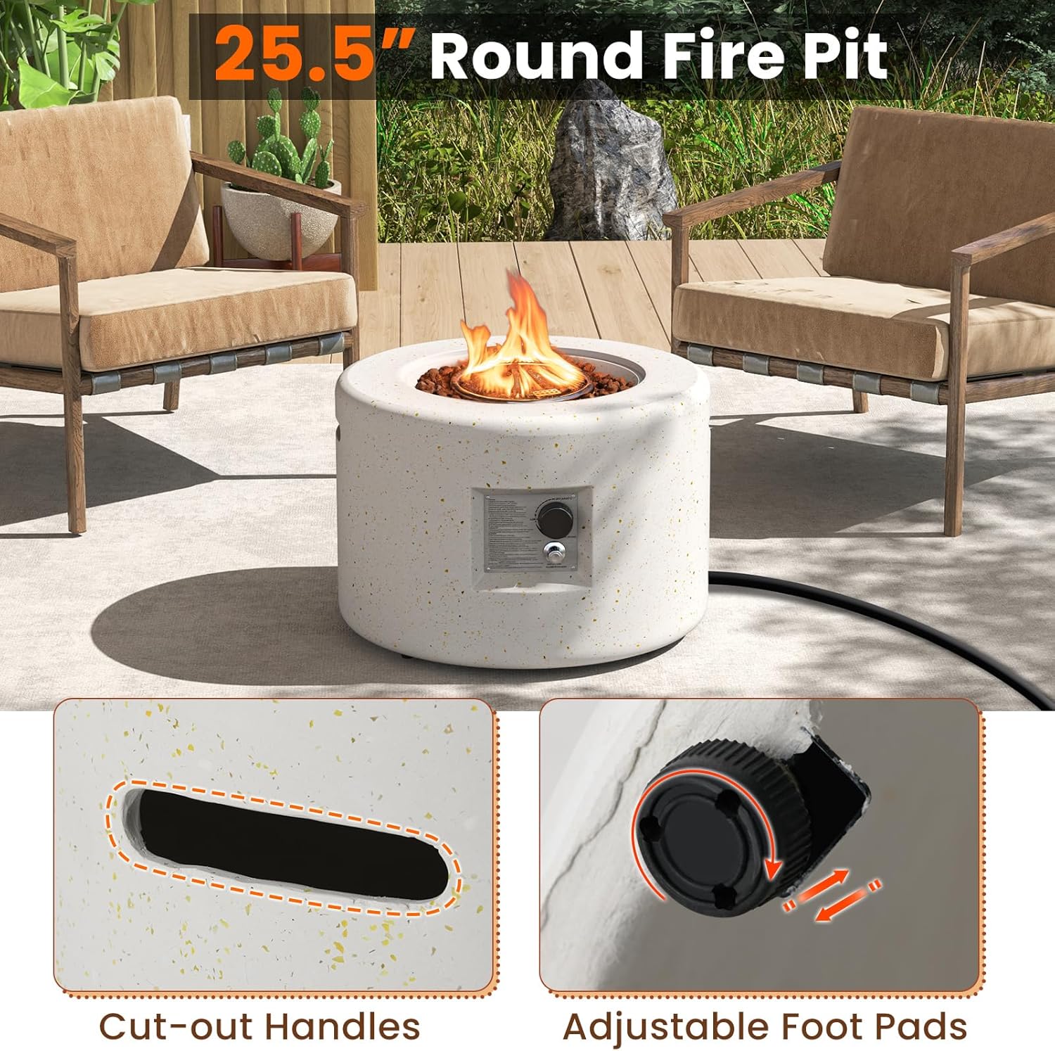 Happygrill 40,000 BTU Outdoor Fire Pit Table, 25.5” Round Terrazzo Propane Gas Fire Pit with Stainless Steel Burner, Simple Ignition System, Protective PVC Cover, Lava Rocks Included