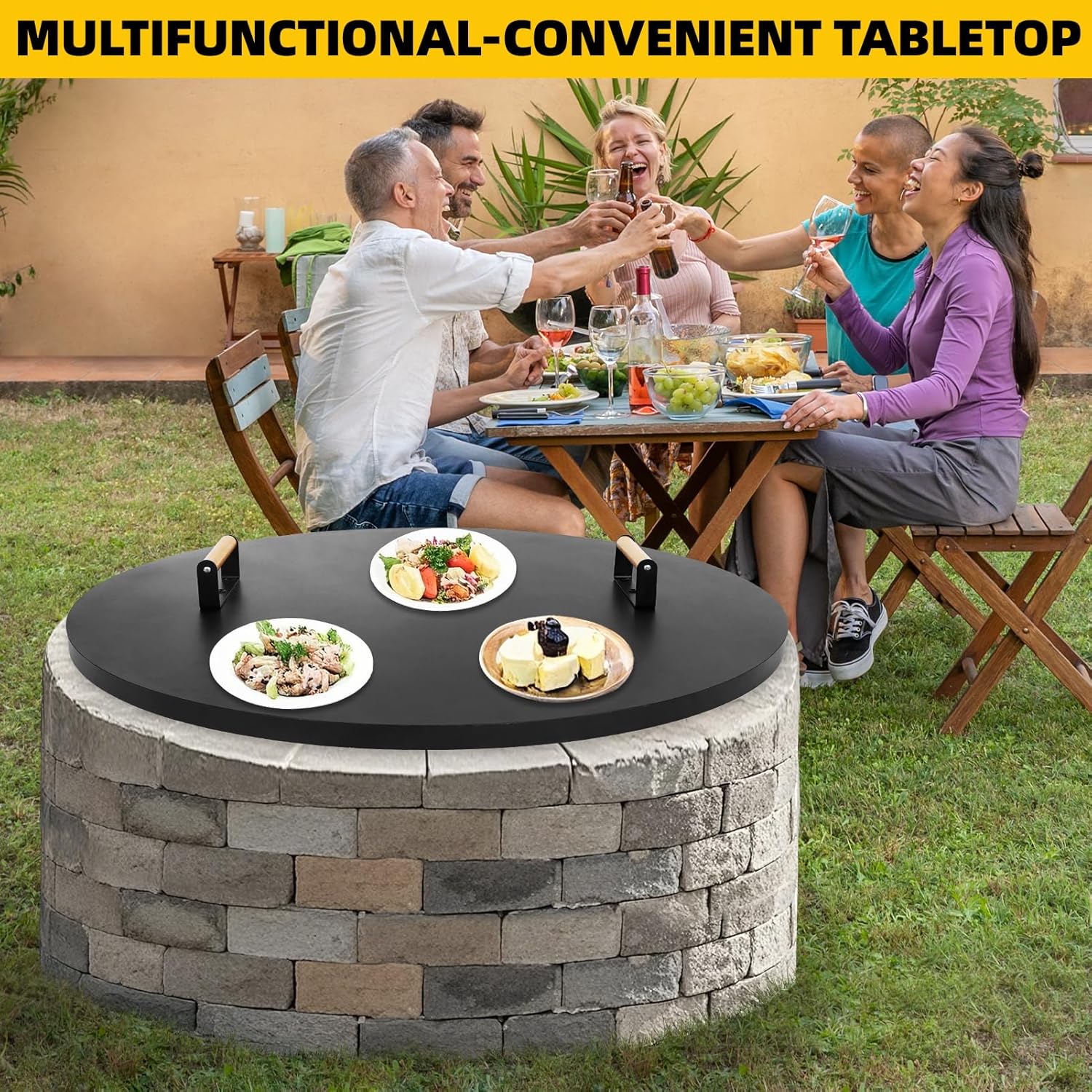 G GOOD GAIN Firepit Lid Round 38 Inch - Rust Resistant Fire Pit Lid Cover with Wooden Handle & Gloves, Fire Pit Snuffer Lid for Courtyards, Patio, Winter Cold Protection. Fits Fire Pits Up to 36