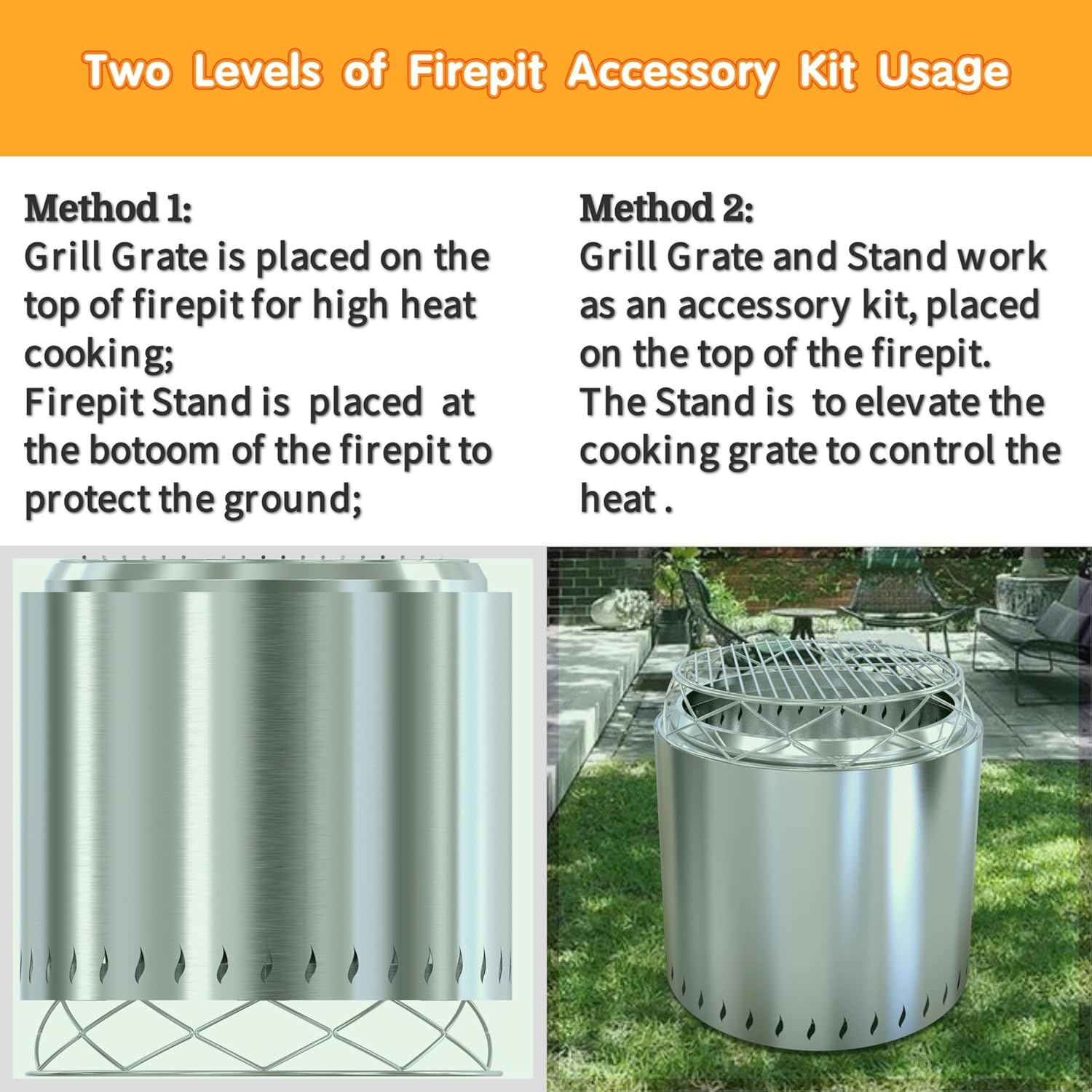 Fire Pit Accessory Kit for 19.5 Inch Solo Stove Bonfire, Stainless Steel Fire Pit Stand & Grill Cooking Grate for Bonfire Fireplace Tools