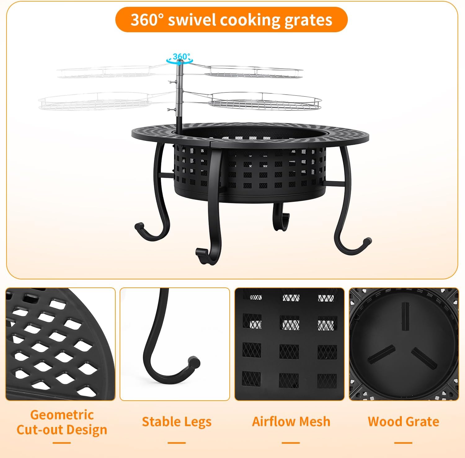 FDW 36 Inch Fire Pit with 2 Adjustable Grills, Wood Burning Outdoor Fire Pit with Lid, Poker & Waterproof Cover, 3-in-1 Fire Pit Table for BBQ, Bonfire & Patio Dining