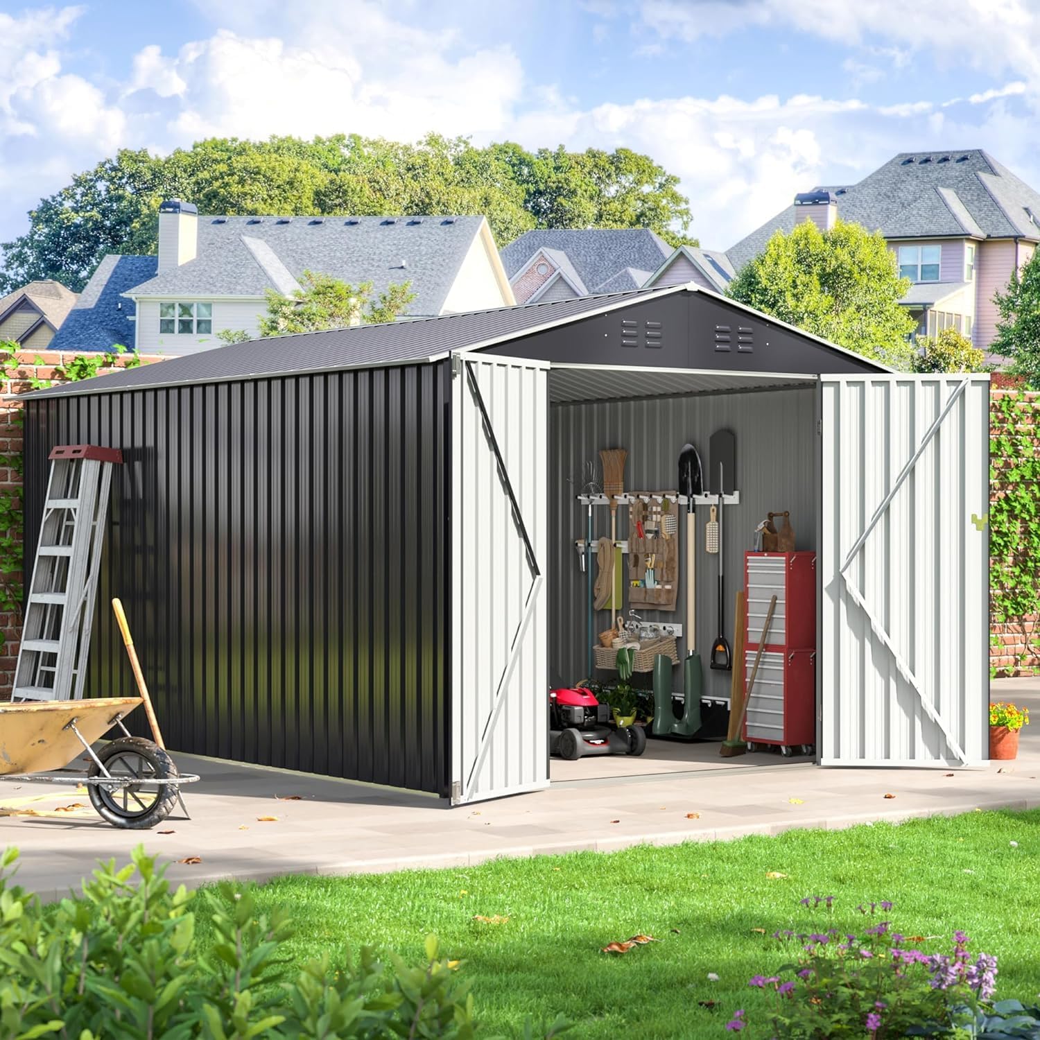 Metal Storage House, 10x10 FT Double Door Outdoor Metal Storage shed, Ventilation Openings, Lockable Doors and Windows, Safe Design & Sturdy, Durable Suitable, for garages, courtyards, Brown.