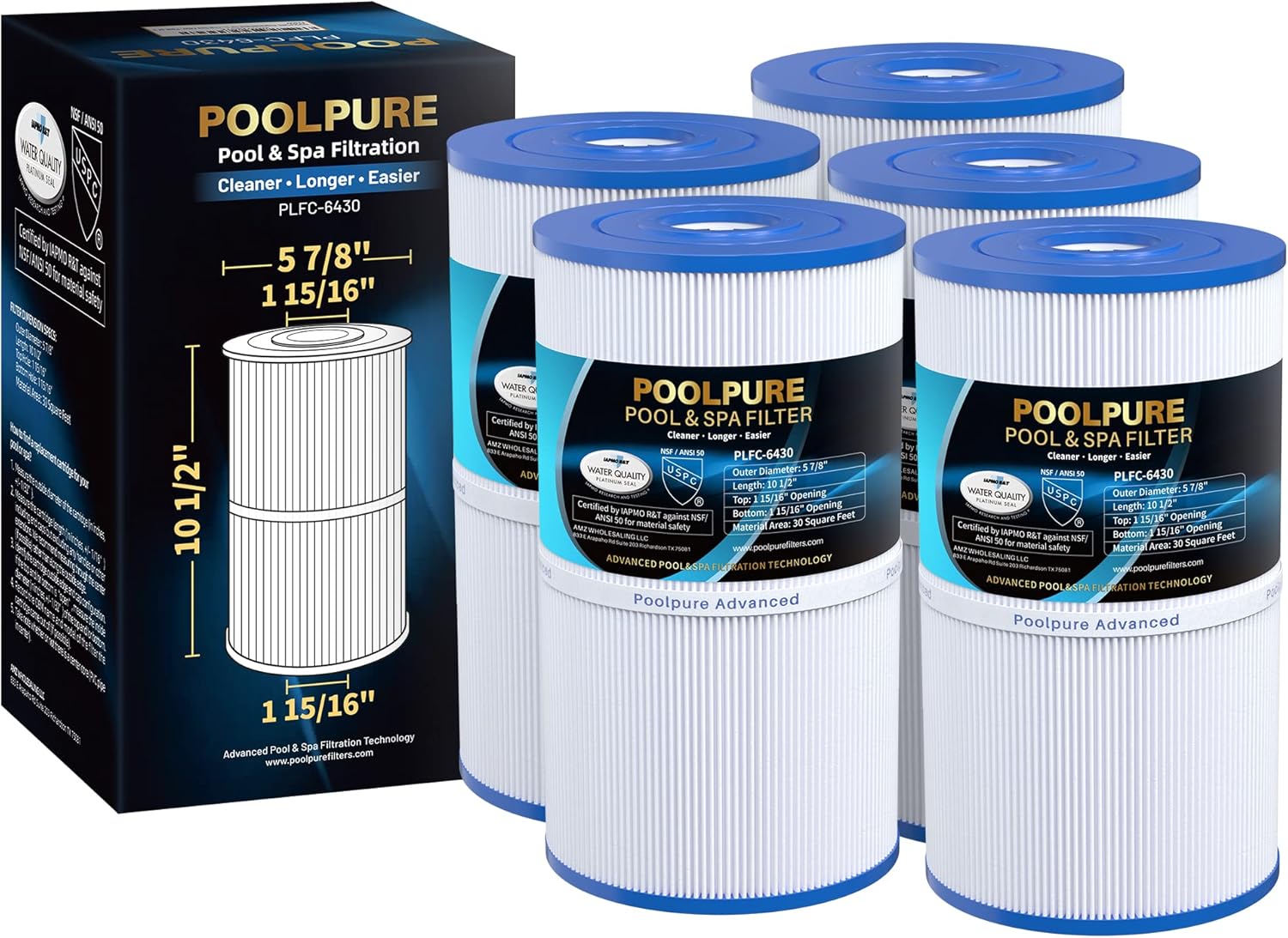 POOLPURE C-6430 Spa Filter Replaces Watkins 31489, Pleatco PWK30, Filbur FC-3915, P/N0969601, 71825, 73178, 73250, 30 sq. ft. Hot Spring Spa Filter 5 Pack