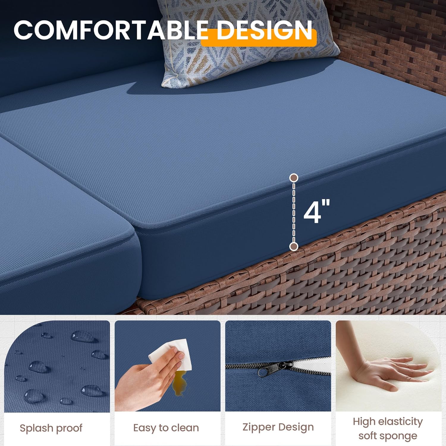 UDPATIO Patio Furniture Set with 44'' Fire Pit Table,Modular Outdoor Furniture Sets,Slanted Back Outdoor Sectional Conversation Set PE Rattan Sofa for Backyard W/Coffee Table,4'' Cushions,8 PCS,Blue