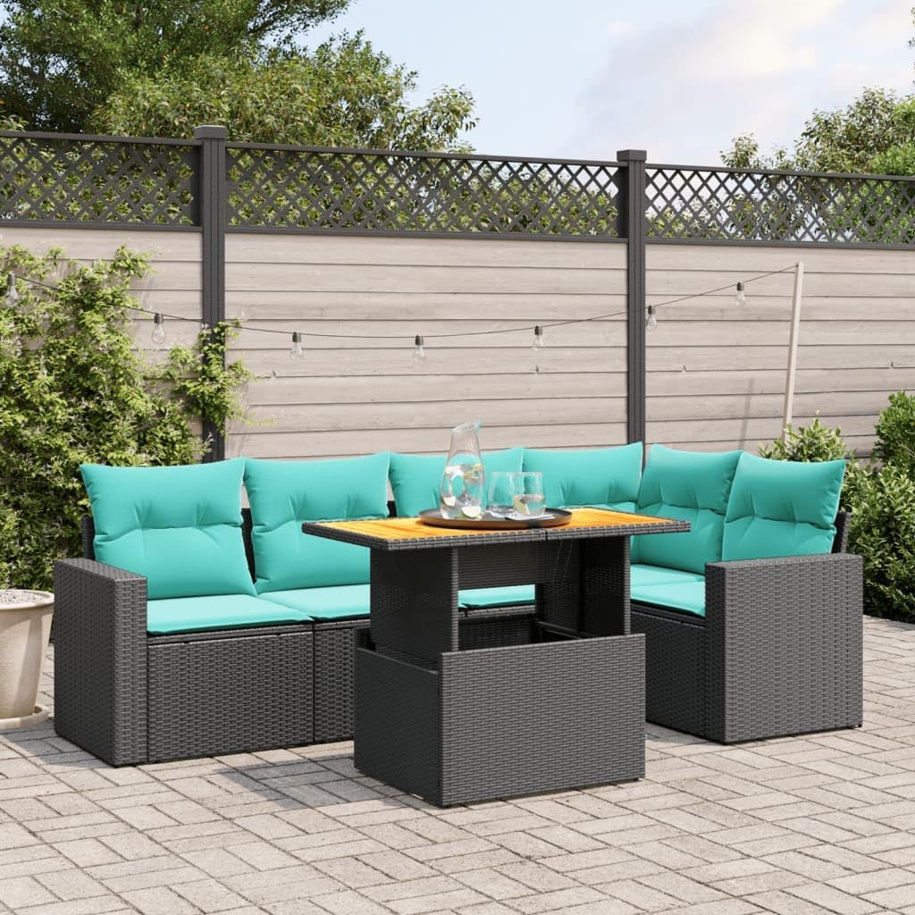 6 Piece Patio Sofa Set, Black Poly Rattan Outdoor Furniture with Blue Cushions, Adjustable Table, UV-Proof, Modular Design for Garden, Backyard, Terrace
