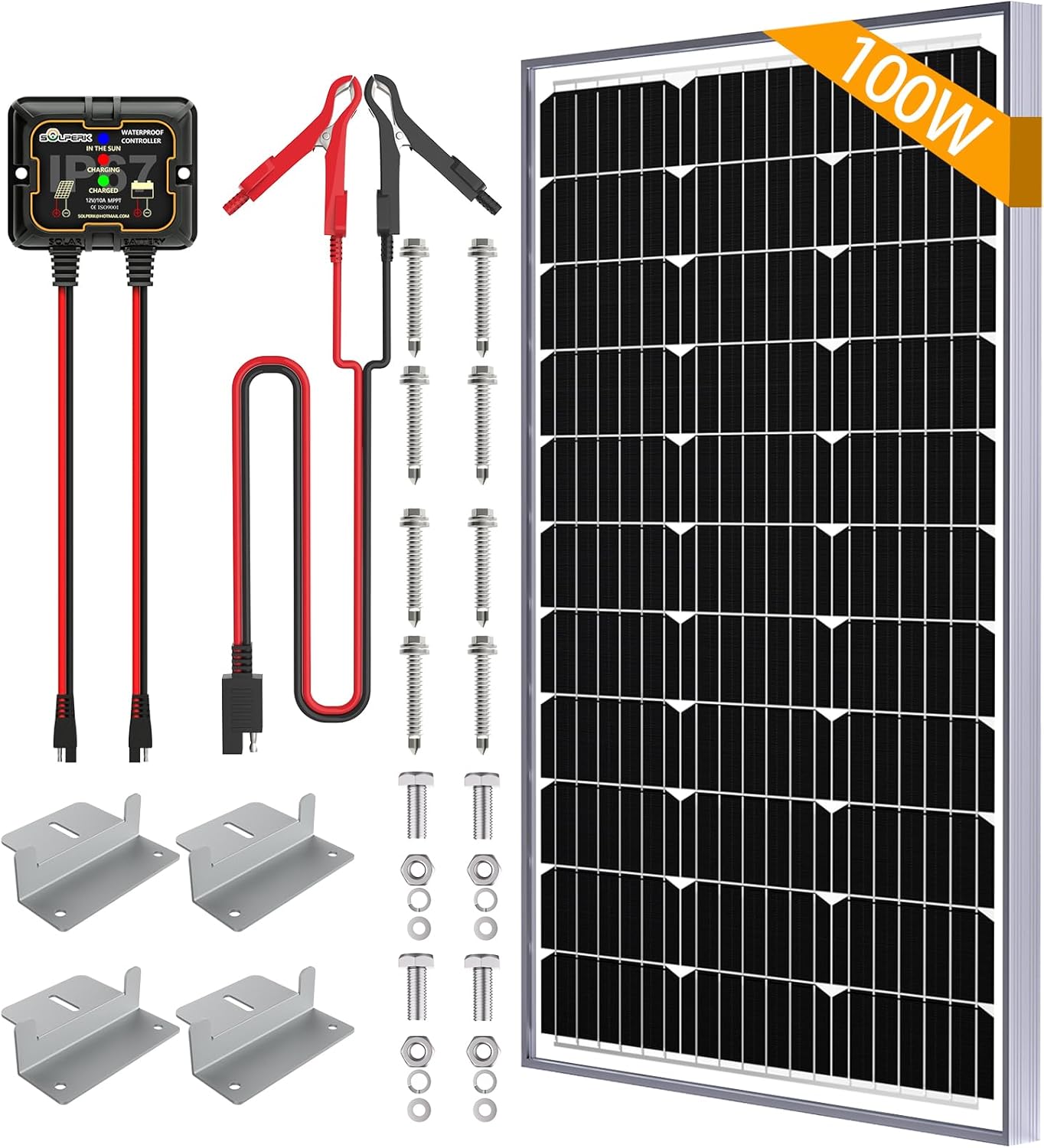 SOLPERK 100W Solar Battery Charger Solar Battery Maintainer + Smart 10A MPPT Charge Controlle, Solar Panel Kit for Car RV Boat Motorcycle，12V Waterproof Solar Panel Charger Trickle Charging