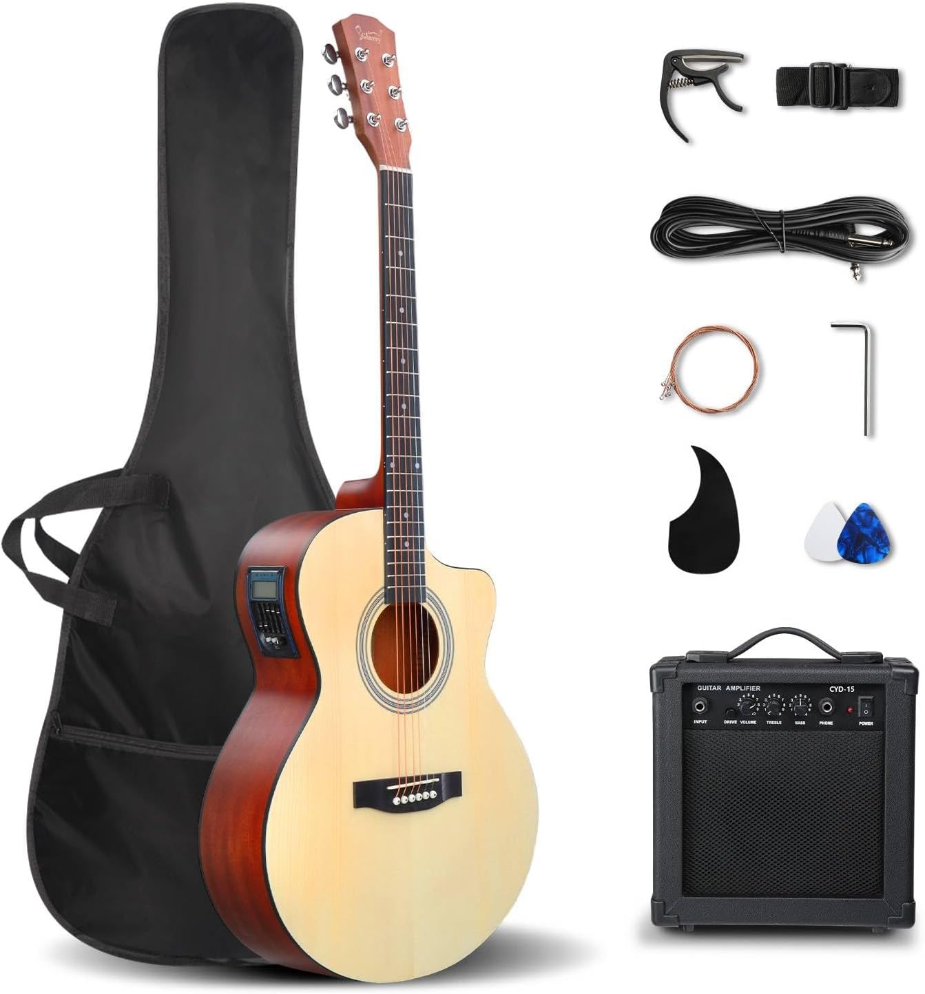 GLARRY 41in Full Size Acoustic Electric Guitar Beginner Kit with 15W Amp, 5-band EQ Cutway Design 6 Strings Electric Acoustic Guitar with Bag, Strap, Picks, Strings, Wrench (Natrual)