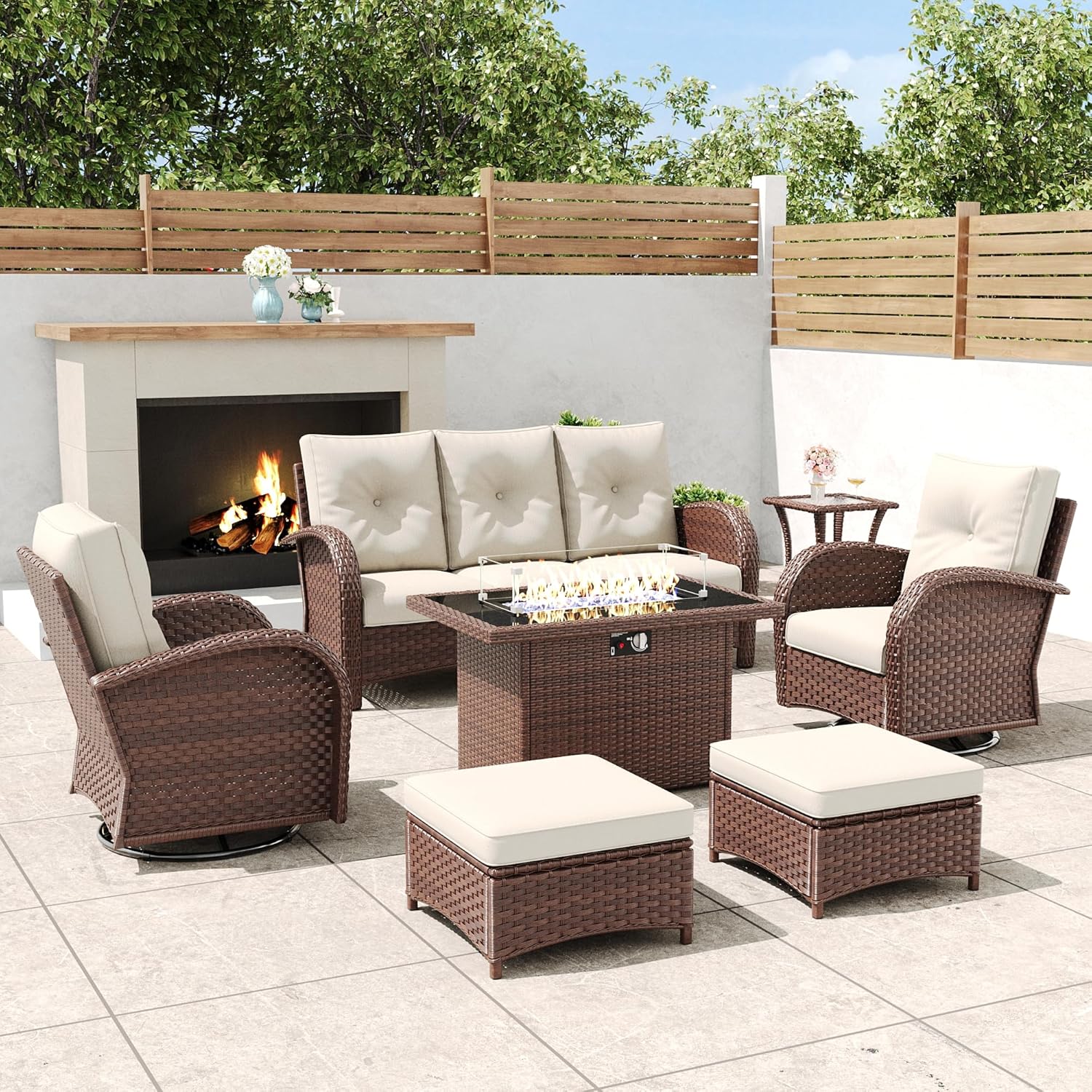 7 Pieces Outdoor Wicker Patio Swivel Rocking Chairs, All Weather Wicker Conversation Set with 44