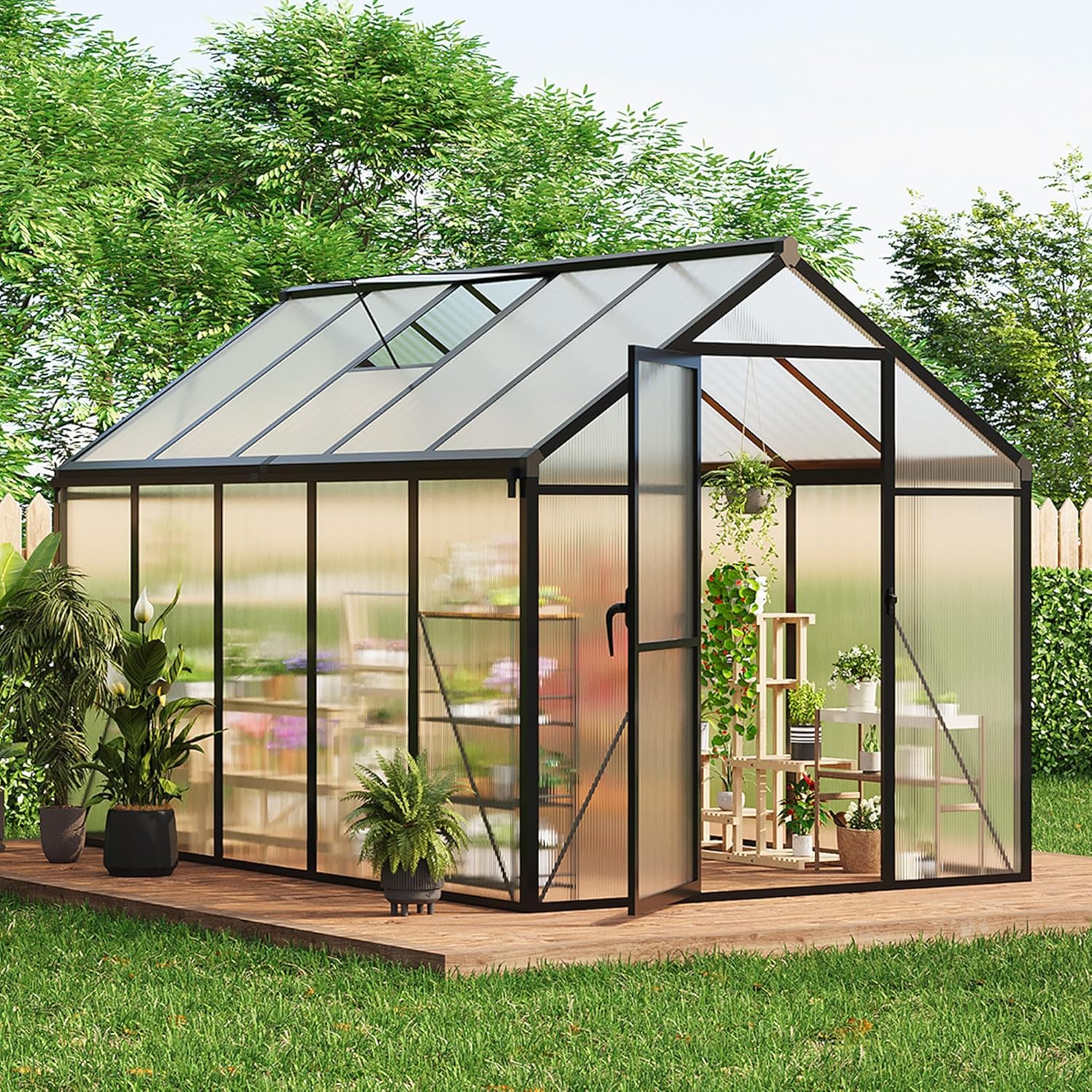 6X10 FT Greenhouse for Outdoors, Polycarbonate Greenhouse with Roof Vent, Ground Nails, Lockable Push Door, Aluminum Large Walk-in Green House for Outside Garden Backyard, Patio, Lawn, Black