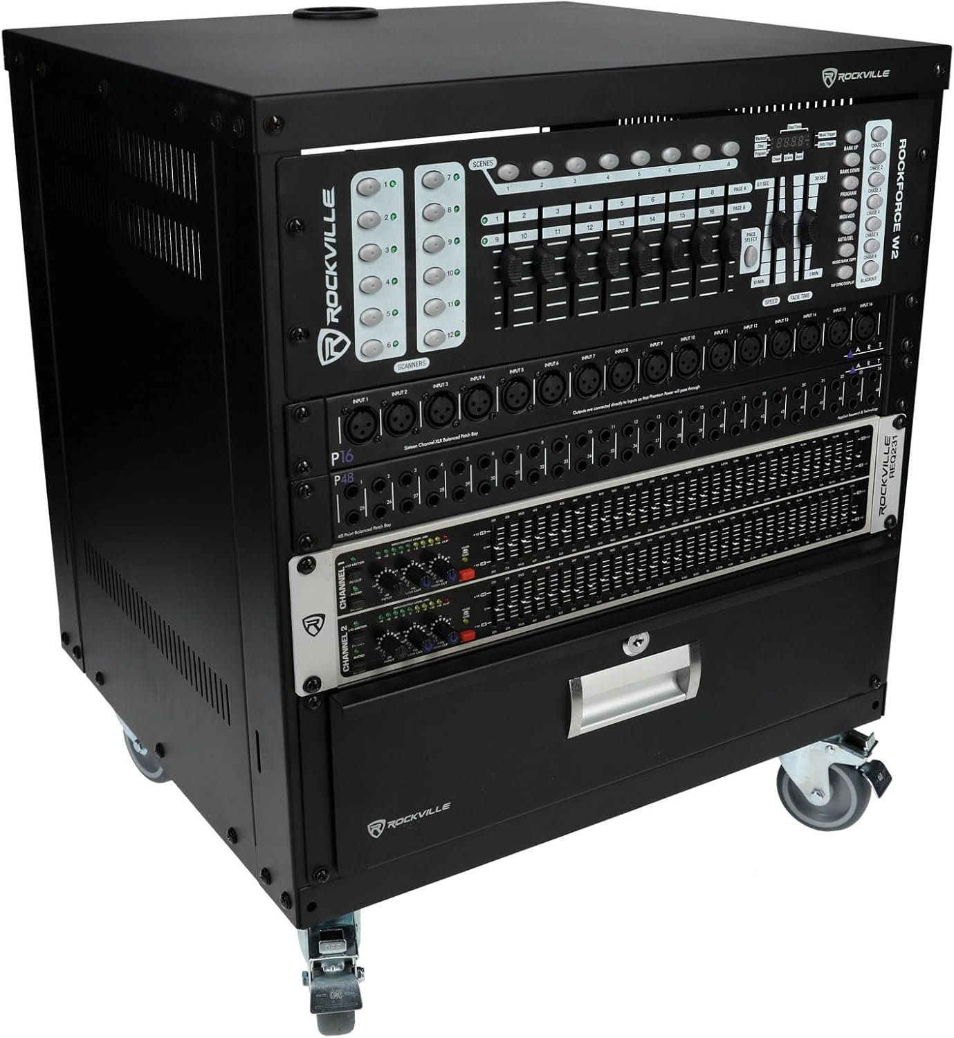 Rockville RR10U 10U Live Sound/Recording Studio Rack Case with Wheels, Reversible Rack Rails, Front & Rear Mounting, Cable Management Ports, 440lb Capacity