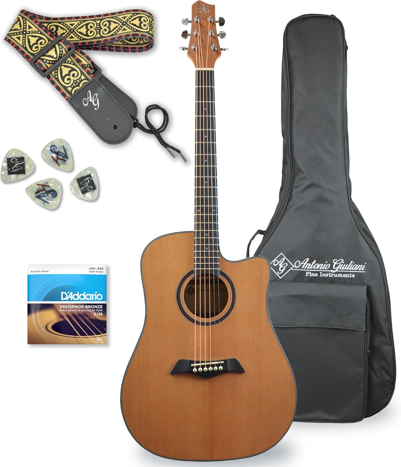 Antonio Giuliani Acoustic Guitar (CLEAR) Bundle (DN-2) - Dreadnought Guitar with Case, Strap, Strings and Accessories