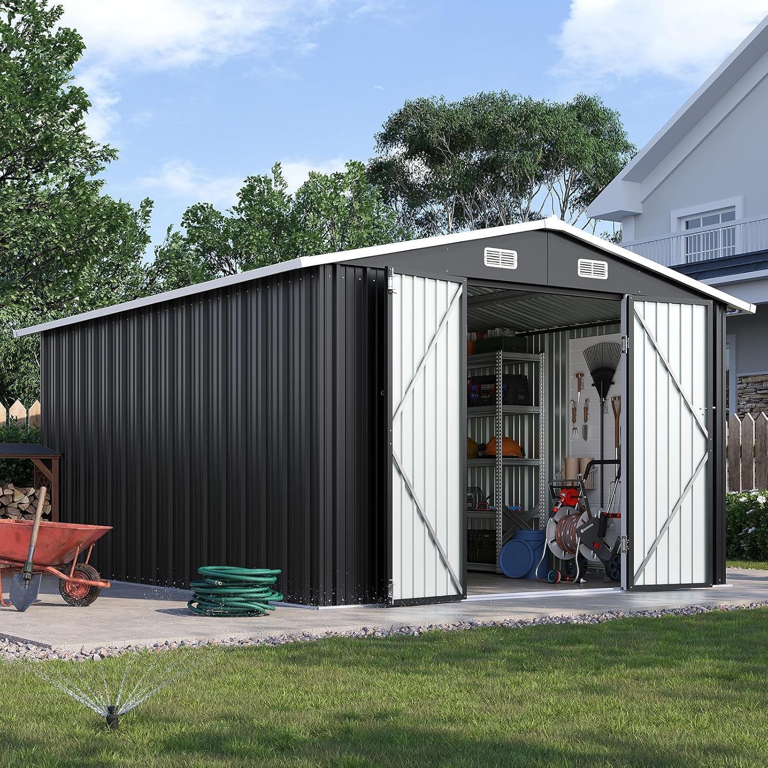 10x12FT Outdoor Storage Shed, Metal Garden Shed with Lockable Double Doors & Sloping Roof, Weather-Resistant Tool Shed for Backyard, Patio, Poolside Black