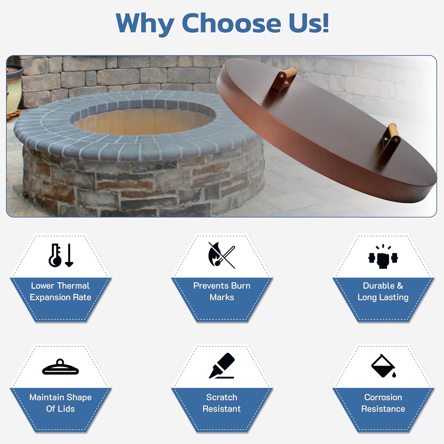 25.5” firepit lid round for inside up to 23” gas fire pit lid for Outdoor Fireplace Cover Lid Steel fire pit metal cover W/ Wooden Handle & Bronze Coated Snuffer Lid for Round Patio Fire Pit Ring