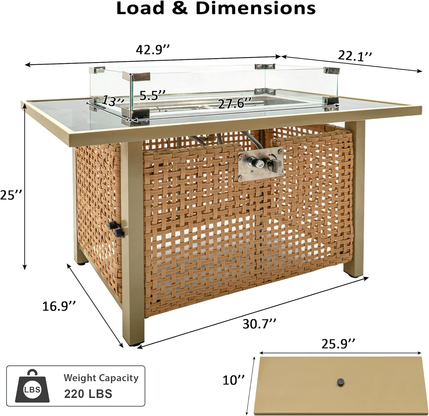 43-Inch Propane Fire Pit Table, Outdoor Gas Fire Table with Glass Wind Guard, 60000 BTU Rectangular Open Weave Wicker Fire Pit for Outside Patio Deck Garden Backyard- Orange & Mustard Yellow