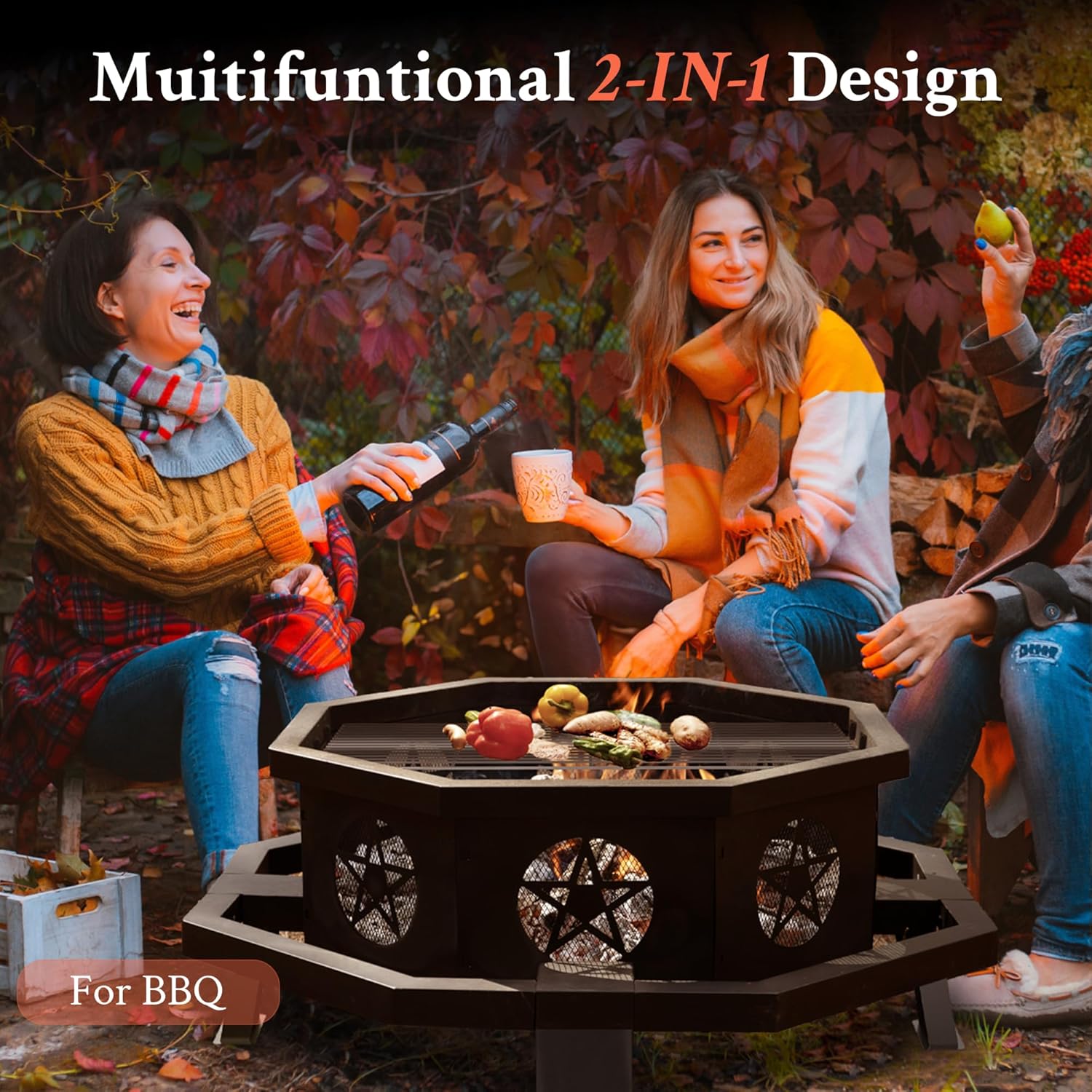 43 Inch Octagonal Fire Pit with Cooking Grill,Outdoor Wood Burning Fire Pit for Camping Outside Picnic Bonfire,Heavy Duty Firepit for Backyard Garden Patio