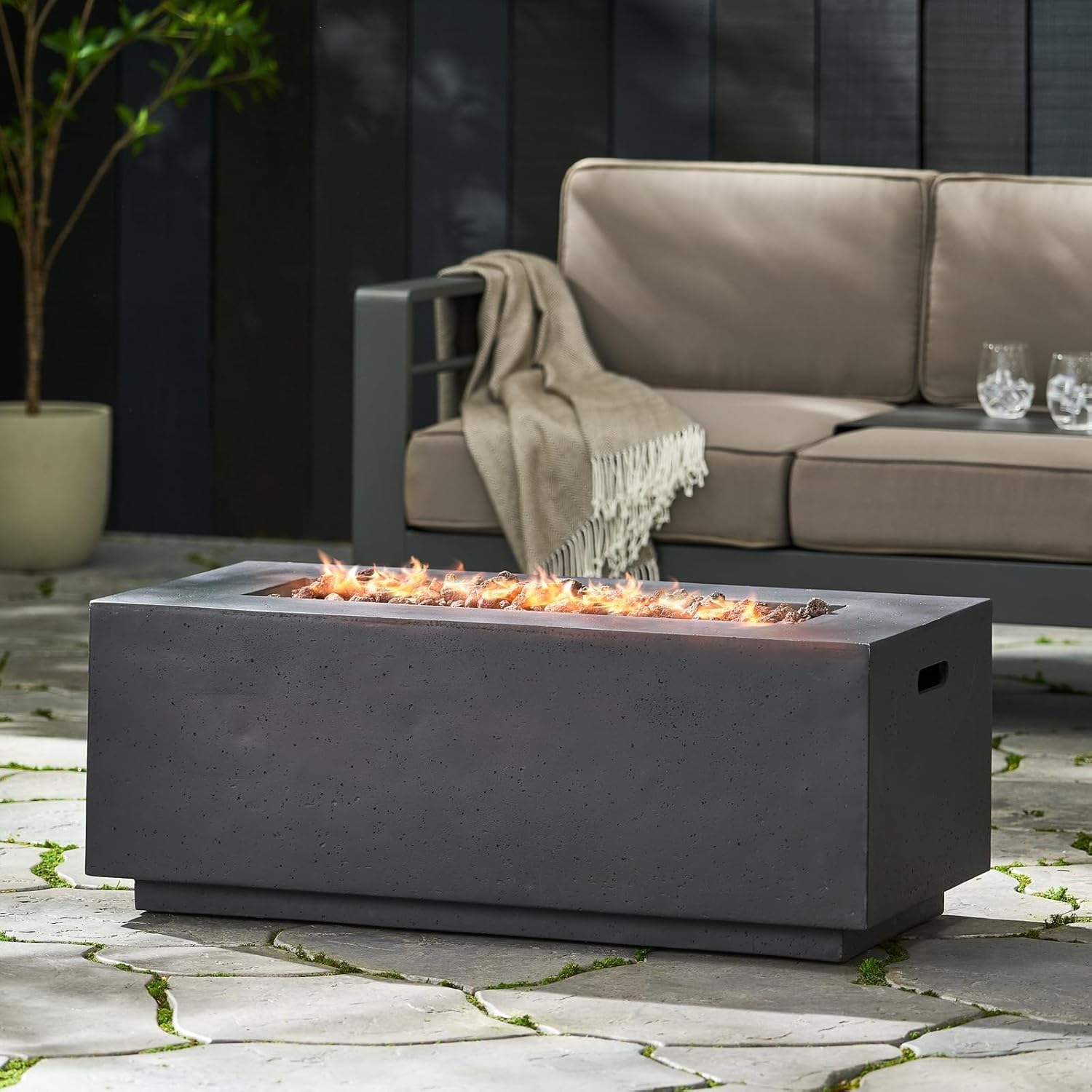Penau 40 Inch Outdoor 40,000 BTU Rectangular MgO Concrete Propane Fire Pit - Versatile & Durable, Light Grey - Dimensions: 40.25 x 19.00 x 15.00 Inch, No Tank Cover Included
