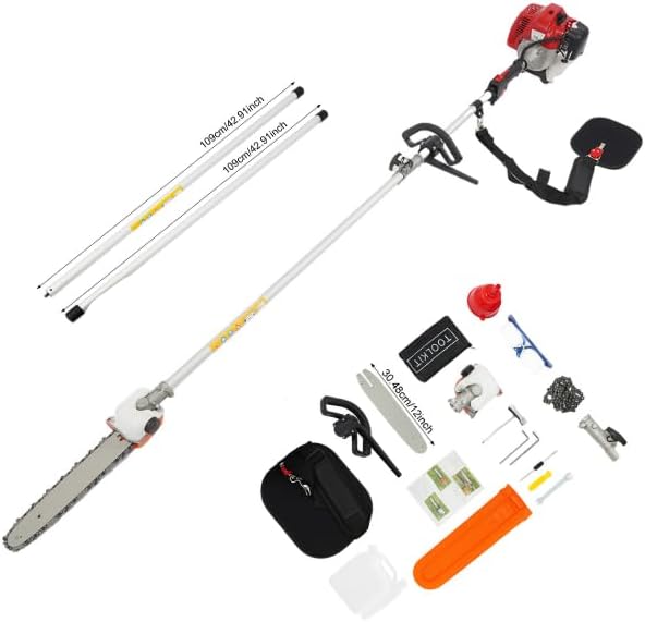 Pole Saw Gas Powered, 2 Stroke 43CC Powerful Gas Pole Saw Extendable Reach to 7.87-11.48FT, Multi-Functional Trimming Tool Long Pruning Chain Saw 12in Saw Plate for Tree Trimming