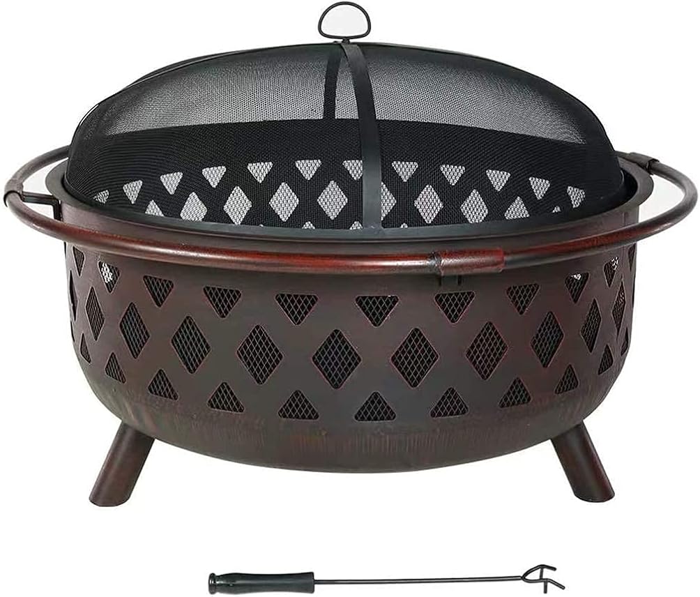 Fire Pit,Outdoor Fire Pit Round Steel Wood Burning with Spark Screen and Fire Poker for Outside Backyard Patio Camping Deck,Family Essential Multifunctional Stove