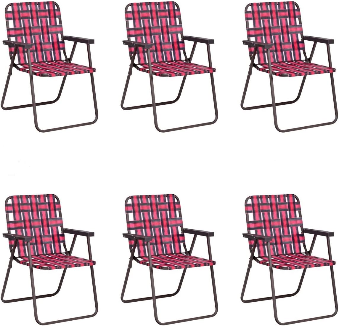 6 PCS Folding Lawn Chairs Set, Portable Outdoor Patio Chairs w/Stable Metal Frame & Armrests, Webbed Folding Beach Chairs Set for Lawn Patio Garden Backyard (Red)