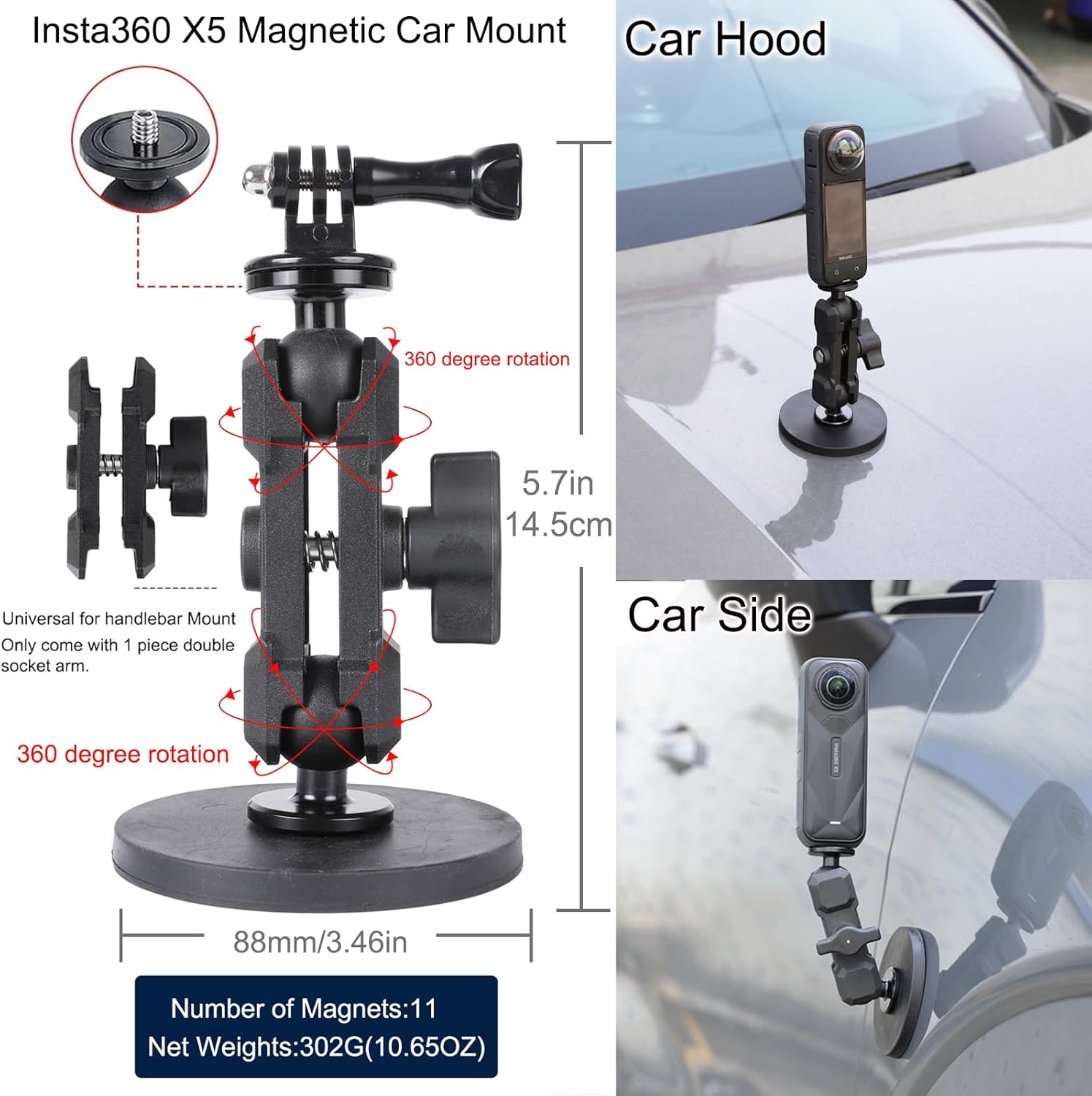 PellKing Accessories Kit for Insta360 X5,Included Carrying Case with Belt,135cm Selfie Stick Tripod,Aluminium Handlebar Clamp.2 Pcs Metal 1/4