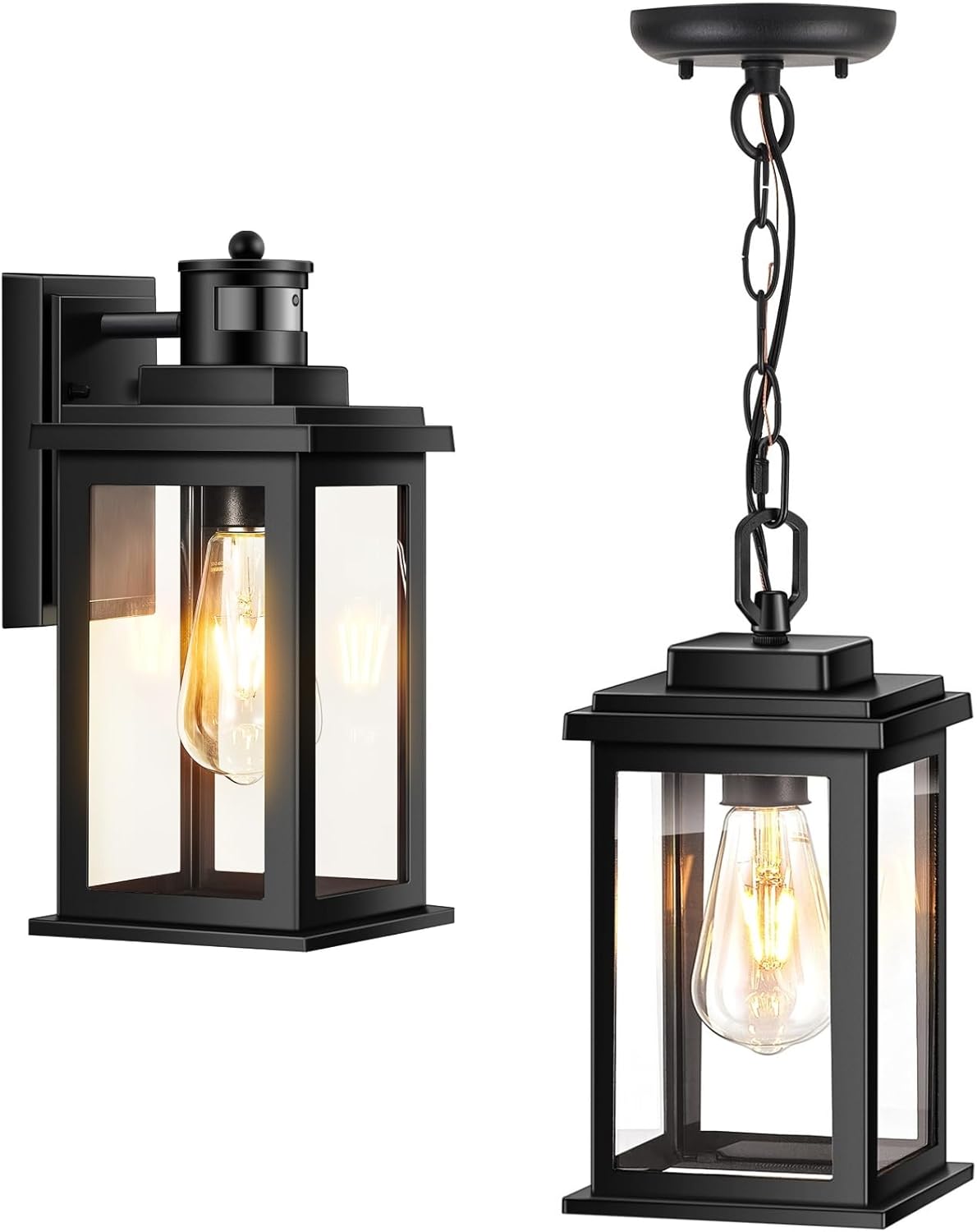VIANIS Outdoor Motion Sensor Light, Black Exterior Lighting Fixtures Sconce Dusk to Dawn, Outdoor Pendant Lights, Outdoor Hanging Lights, Black Hanging Porch Light with Tempered Glass