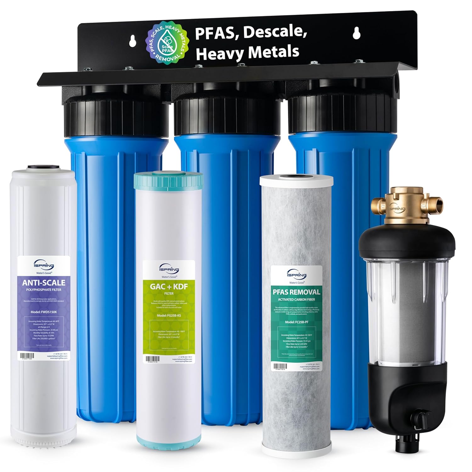 iSpring Whole House Water Filter System Ultimate PFAS Scale and Heavy Metals Protection Removes Up to 99% PFOA & PFOS with SGS-Tested Media, Jumbo Spin-Down Sediment Filter Model: WGB32B-PFKDS+WSP50J