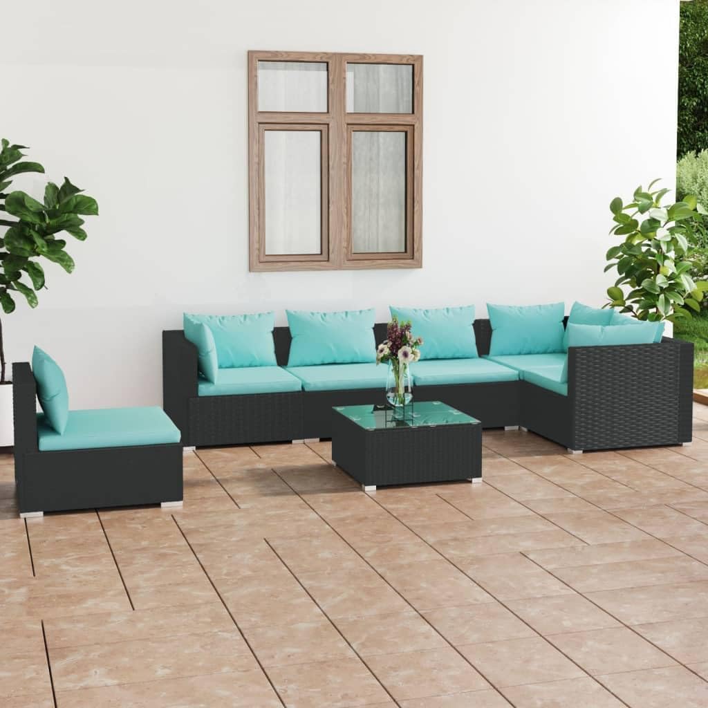 7 Piece Patio Lounge Set with Cushions Poly Rattan Black, Patio Furniture Sets, Outdoor Furniture