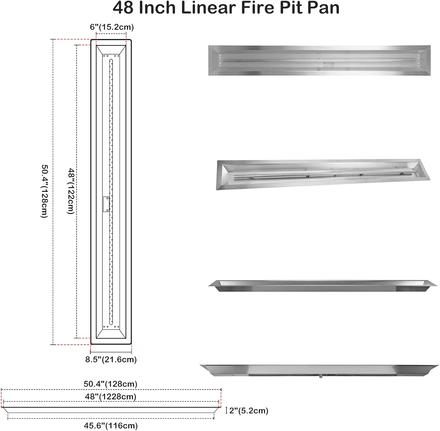 Stanbroil 48 x 6 Inch Linear Natural Gas Fire Pit Burner with Spark Ignition Kit, Stainless Steel Gas Fire Pit Kit Insert for DIY Fireplace, 91,000 BTU'S Max