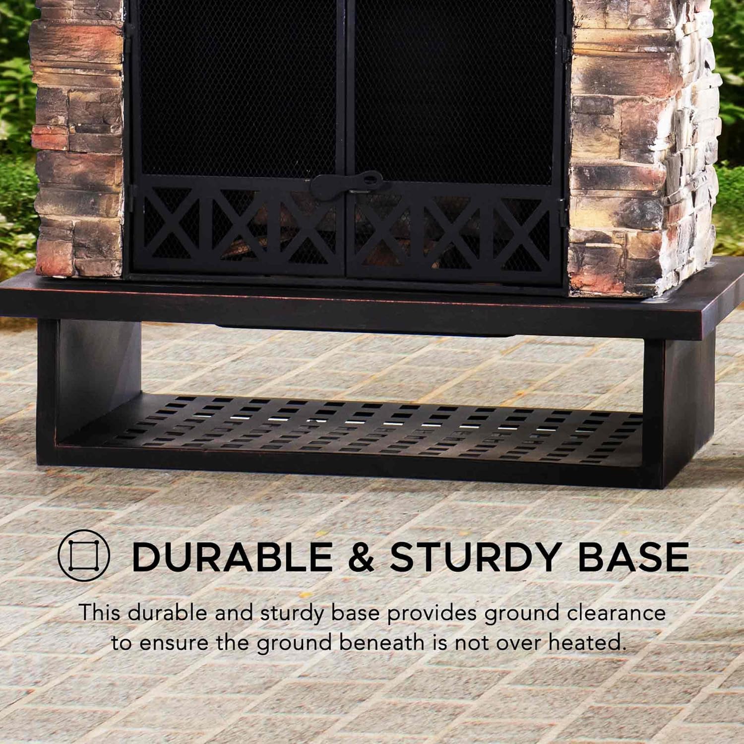 Sunjoy Outdoor Fireplace, Heavy Duty Patio Wood Burning Fireplace with Steel Chimney, Mesh Spark Screen Doors, Removable Grate and Fire Poker, Black