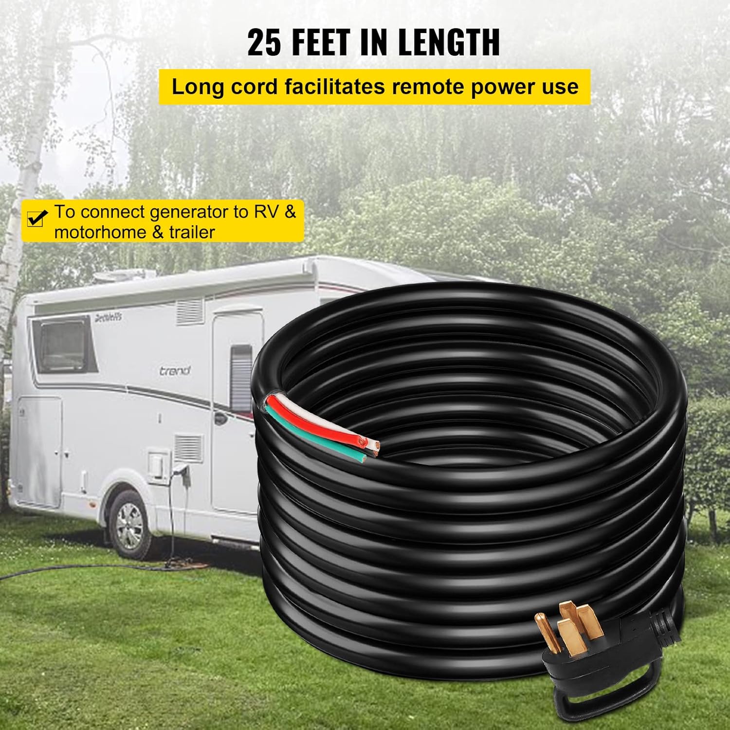 VEVOR 25 FT 50 Amp Generator Extension Cord 6 Gauge STW 6/3+8/1 RV Power Cord N14-50P to Bare Wire, Cut Wire for Trailer Motor Campers Home Generator