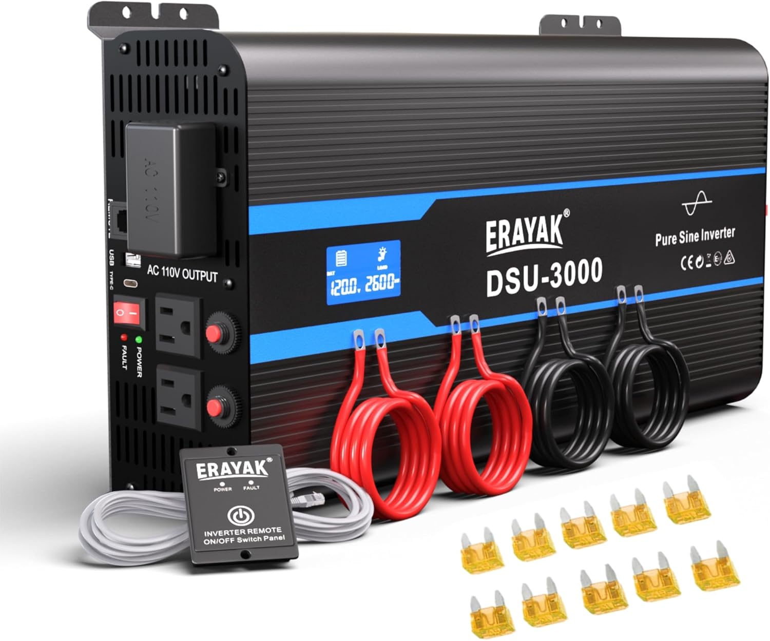 Erayak 3000W/6000W Pure Sine Wave Inverter 12V DC to 110V 120V AC Converter for Home, RV, Truck, Off-Grid Solar Power Inverter with 18W USB-C, AC Hardwire Port, 6m Remote Controller