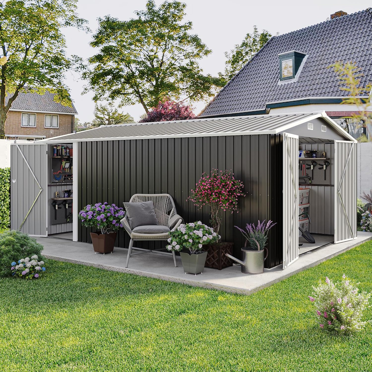 10x14 FT Outdoor Storage Shed, Extra Large Metal Garden Shed with Waterproof Roof, 4 Vents and 3 Lockable Doors,All-Weather Tool Shed Storage House for Backyard, Patio, Lawn,Dark Grey