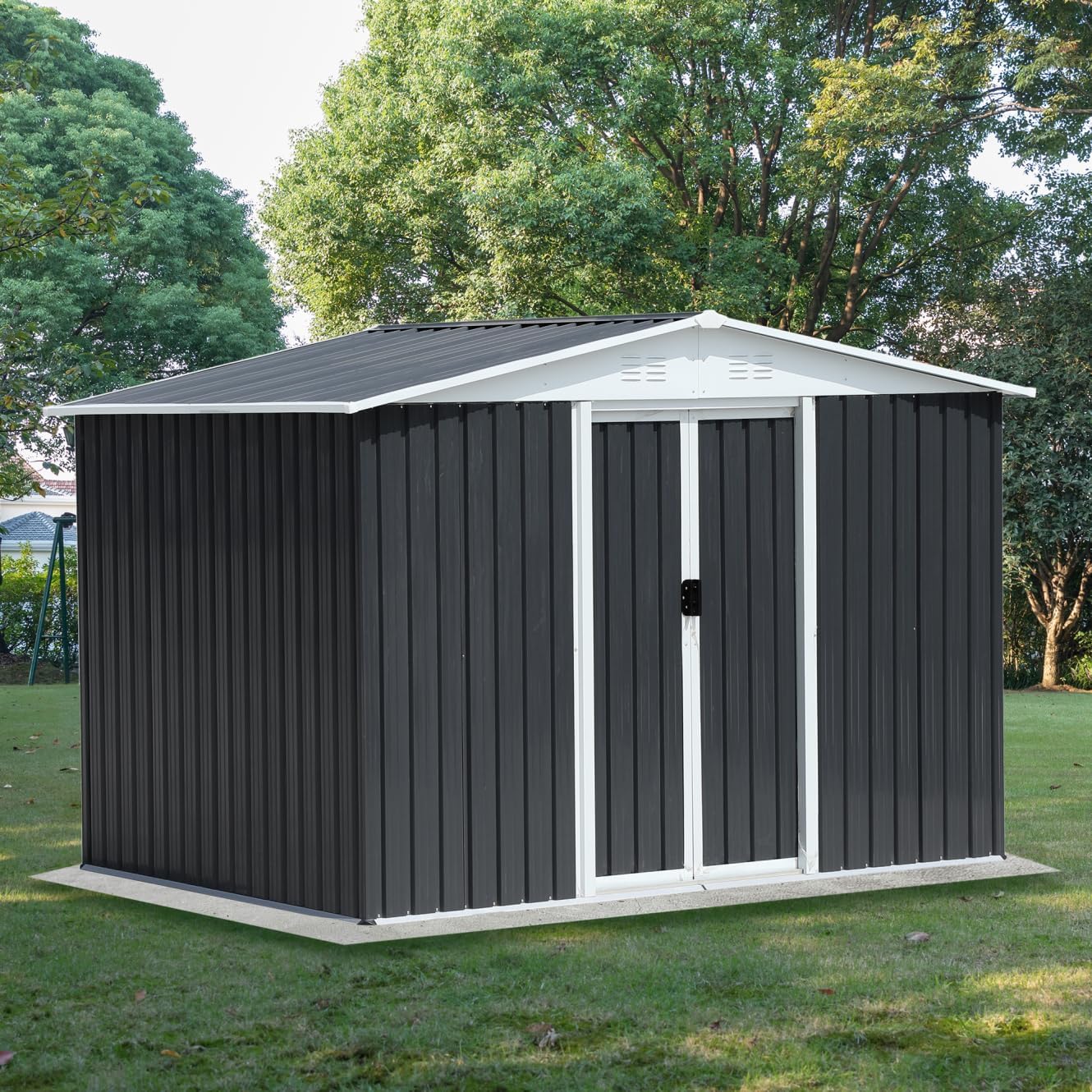8x6 FT Outdoor Storage Shed, Tool Shed with Apex Roof and Lockable Sliding Door, Aluminum Metal Shed Storage House for Backyard Garden Patio Lawn