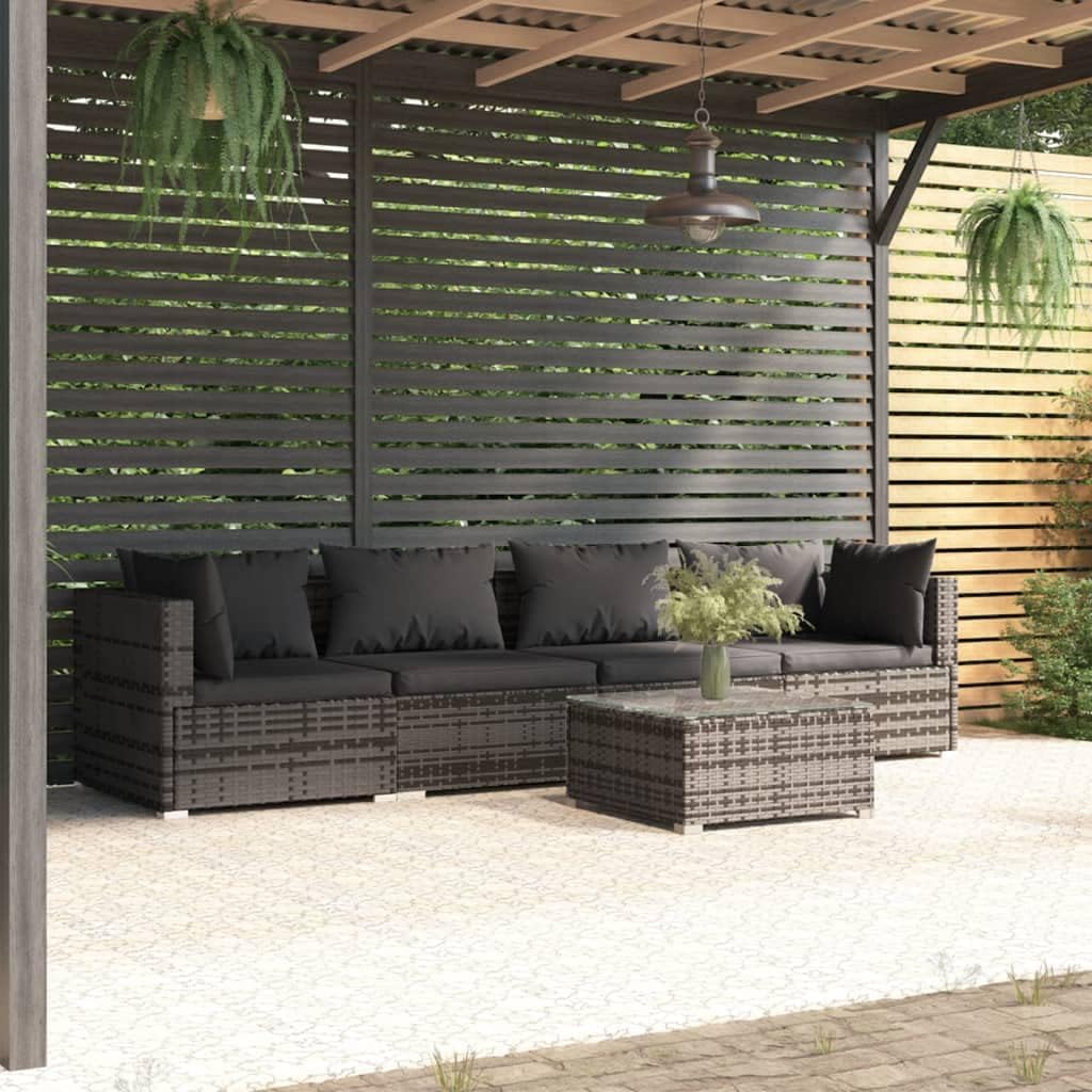 Patio Furniture Set 5 Piece with Cushions Poly Rattan Gray,Modular Rattan Patio Lounge Set with Cushions for Ultimate Outdoor Relaxation Patio Furniture Sets, Outdoor Furniture Sets