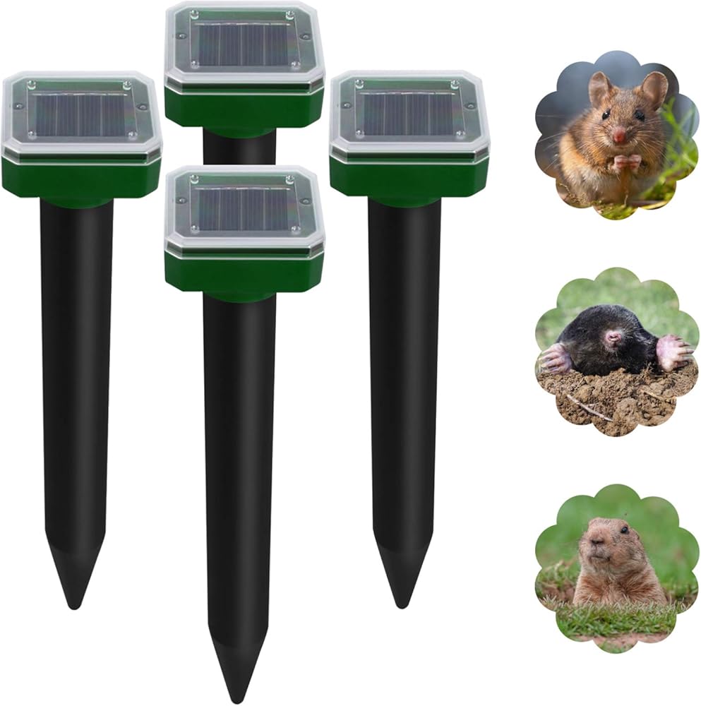 4 Pack Solar Powered Mole Repellent for Yard Lawn Garden, IP65 Waterproof Snake Repellent for Outdoors Pet Safe to Get Rid of Mole, Snakes, Gopher, Vole and Other Underground Pests