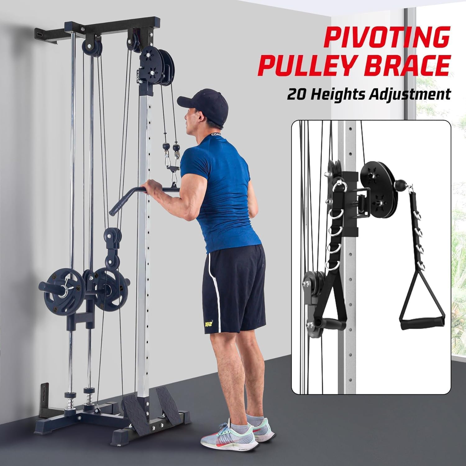 LAT Pull Down Machine - Wall-Mounted Cable Workout Machine 400Lbs Weight Capacity, Dual Pulley System, 20 Height Adjustments, Compact Home Gym Cable Machine