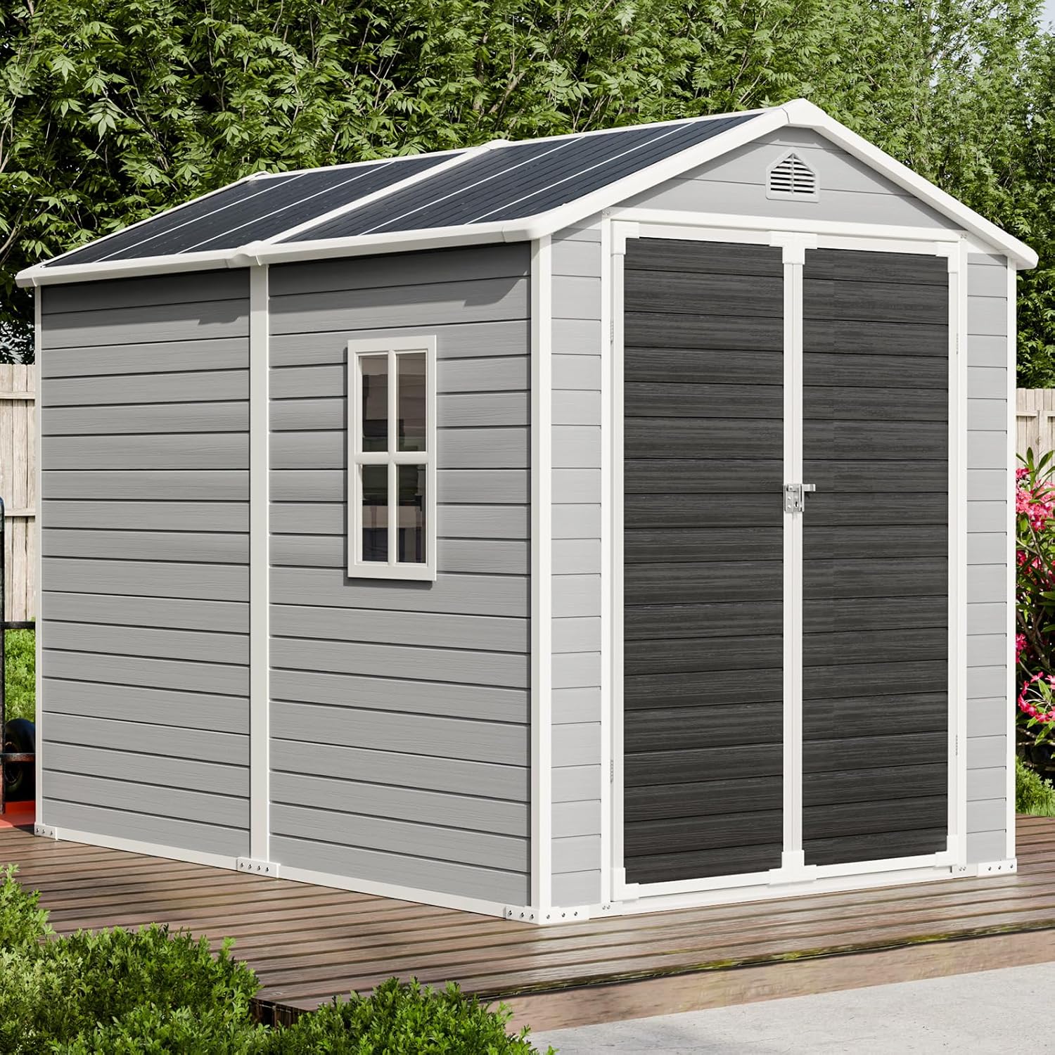 8x6 FT Storage Shed, Large Waterproof Resin Outdoor Sheds with Floor & Lockable Door & Window & Vents, Plastic Tool Shed for Outside, Garden, Poolside, Dove Grey