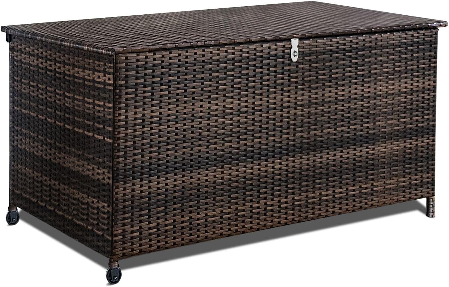 120 Gallon Outdoor Storage Box, Wicker Storage Box Waterproof, Patio Rattan Deck Boxes for Cushions, Pillows, Towels, Brown