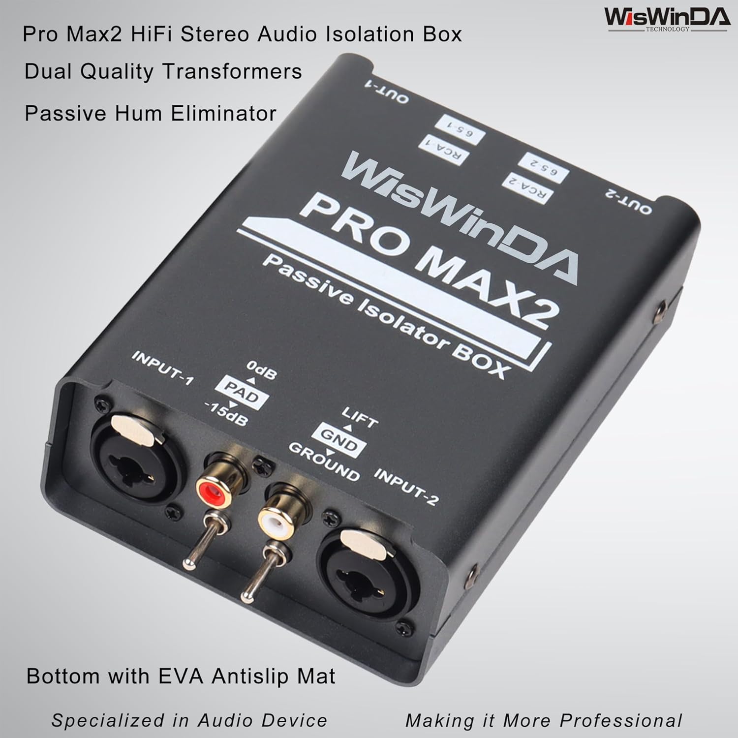 Pro Max2 2Channels XLR/RCA/TS/TRS Passive Hum Eliminator Box for Audio Equipments Ground Loop Isolator Noise Filter for Different Audio Systems Using (WDISO-Pro Max2)