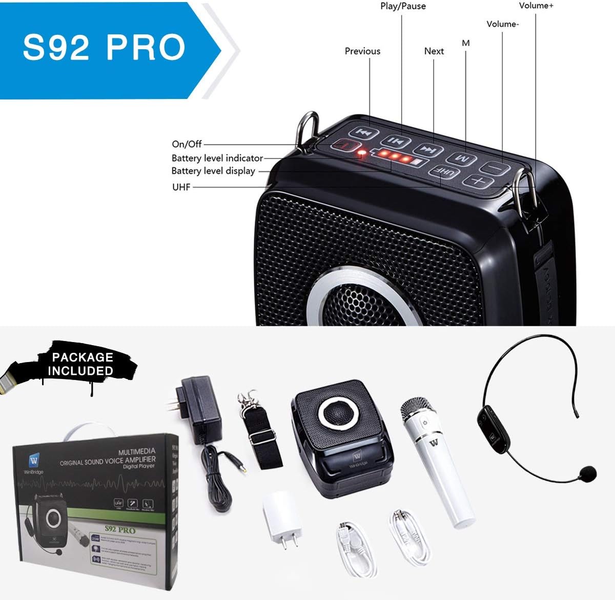 W WINBRIDGE S92 Pro Portable PA System -25W Bluetooth Speaker with Dual Wireless Microphones, Wireless Voice Amplifier with Headset Mic and Handheld Mic for Presentations, Teaching, Karaoke