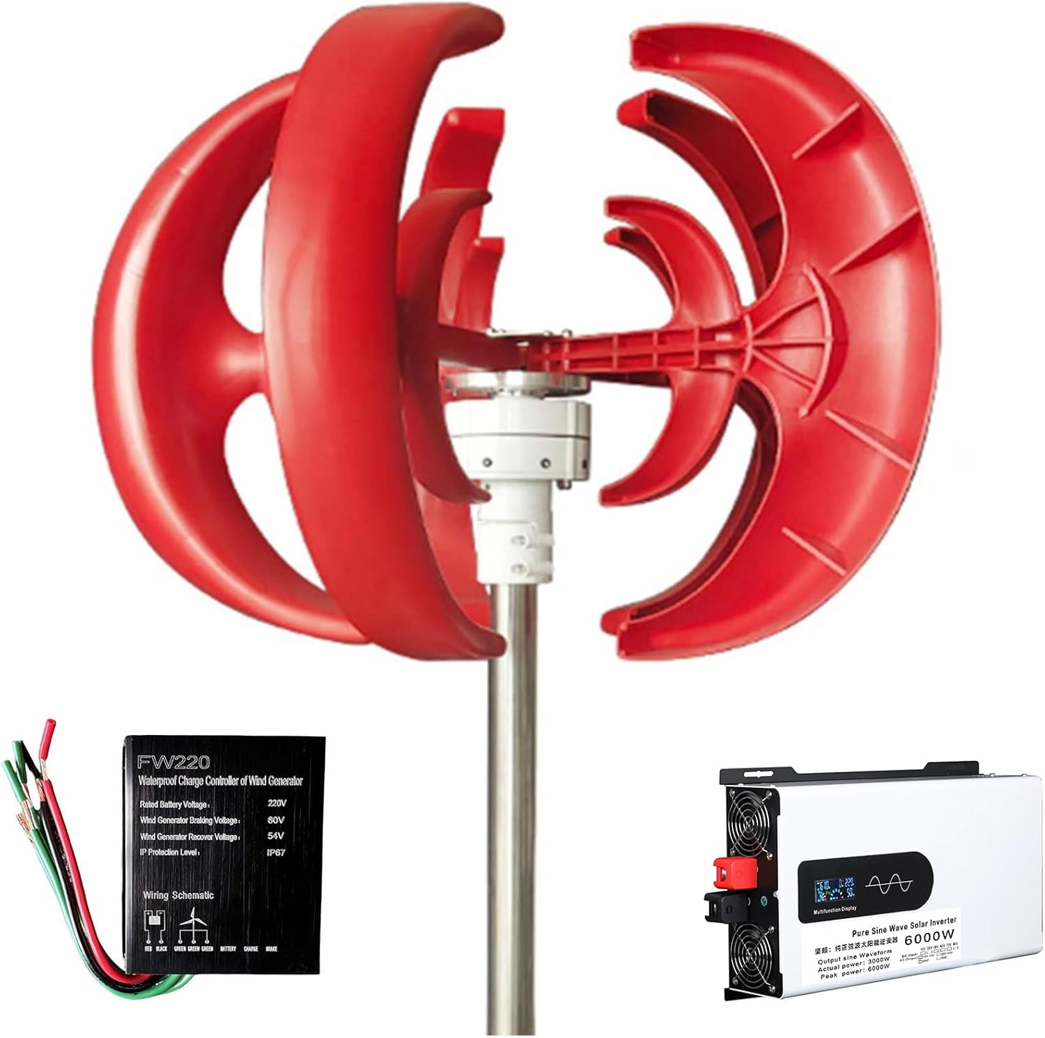 Portable Wind Turbine,Low Noise Vertical Wind Turbine Windmill Generator with Controller and Inverter for Home Camping(Low RPM 6000W)