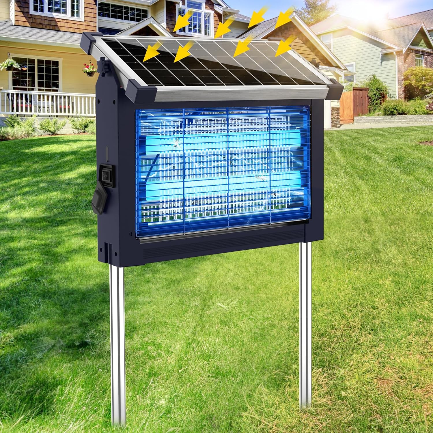 Solar Bug Zapper Outdoor, 4500V Rechargeable Waterproof Mosquito Killer with Solar Panel Sensor, Electric Fly Trap, 10ft Cord, Cordless Insect Zapper for Patio Yard