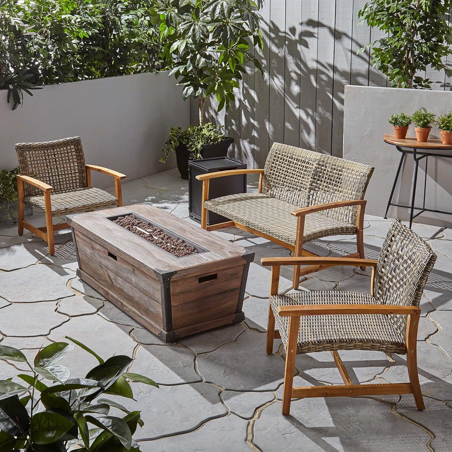 Great Deal Furniture GDFStudio Outdoor 3 Piece Wood and Wicker Chat Set with Fire Pit, Natural with Gray and Brown