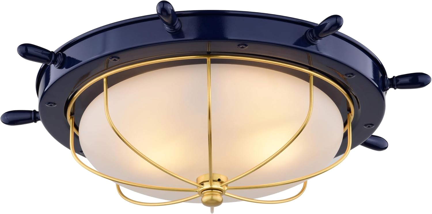 VAXCEL Orleans Nautical 15-in Outdoor Flush Mount Ceiling Light, Navy Blue and Matte Gold Finish, Nautical Style, Ship Wheel, White Frosted Glass, Dimmable E26 Bulb Compatible, Damp Rated