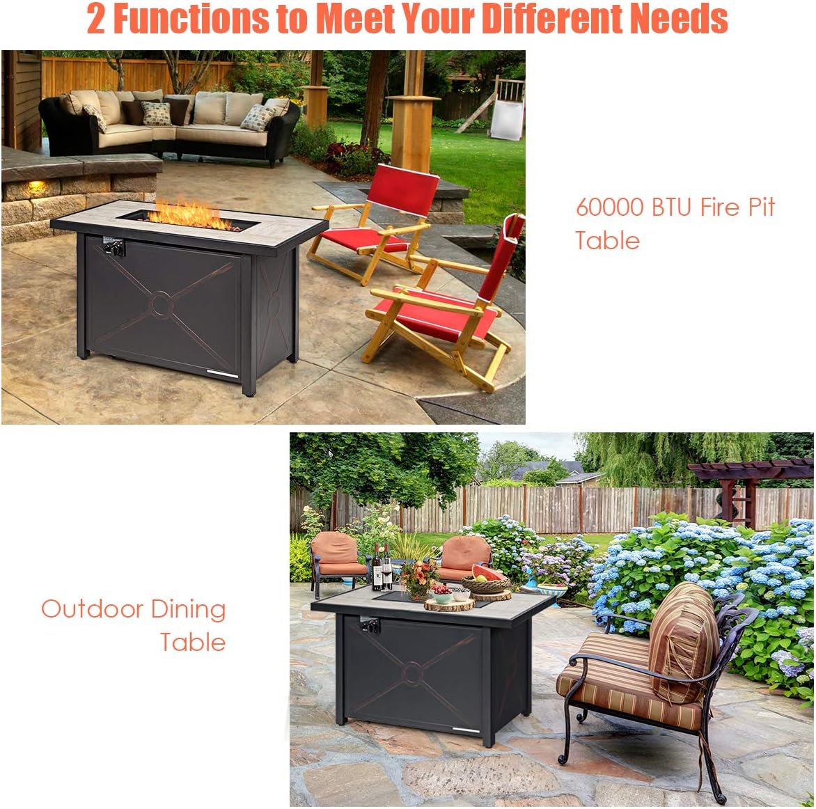 Giantex Gas Fire Pit Table w/Ceramic Tabletop, 42 Inch 60,000 BTU Rectangular Propane Fire Pit Table, Outdoor Electronic Ignition Propane Heater w/Table Cover, Waterproof Cover, Lava Rock