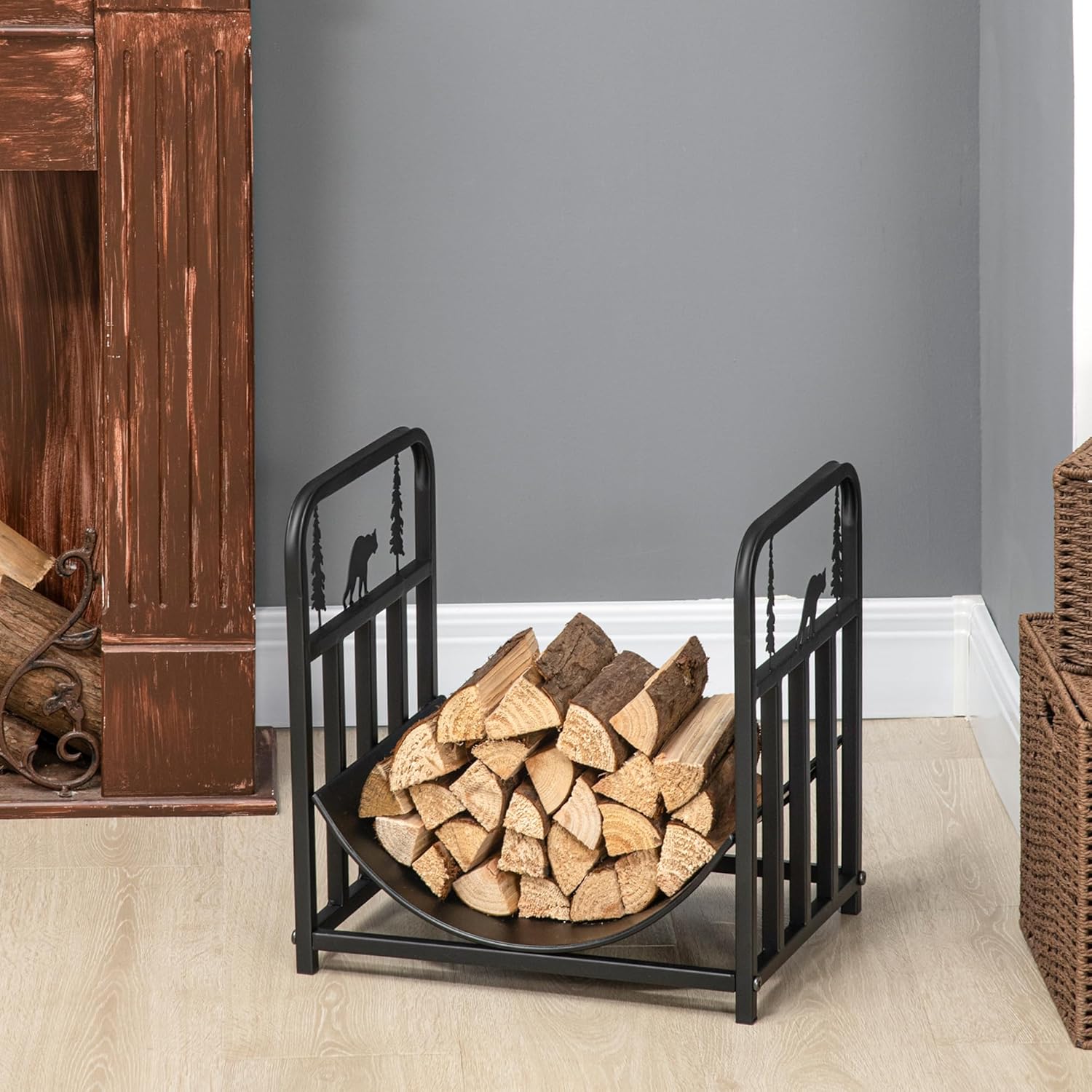 Firewood Rack with Fireplace Tools, Indoor Outdoor Firewood Holder, Curved Bottom with 1 Tier for Fireplace, Wood Stove, Hearth or Fire Pit, Black IM530