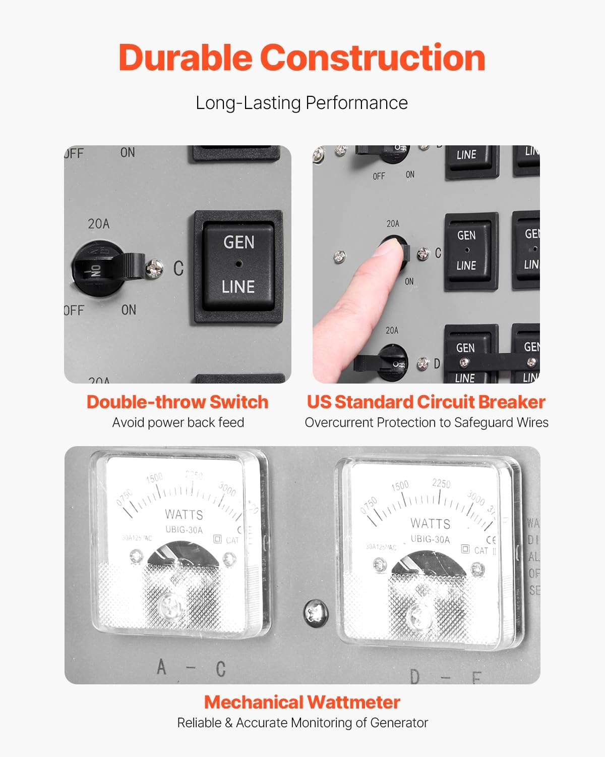 VEVOR Manual Transfer, 30-Amp 6-Circuit, Prewired Generator Transfer Kit with NEMA L14-30P Power Inlet Box, Double-Throw, NEMA 3R, Mechanical Watt Meter, for 7500W Generators