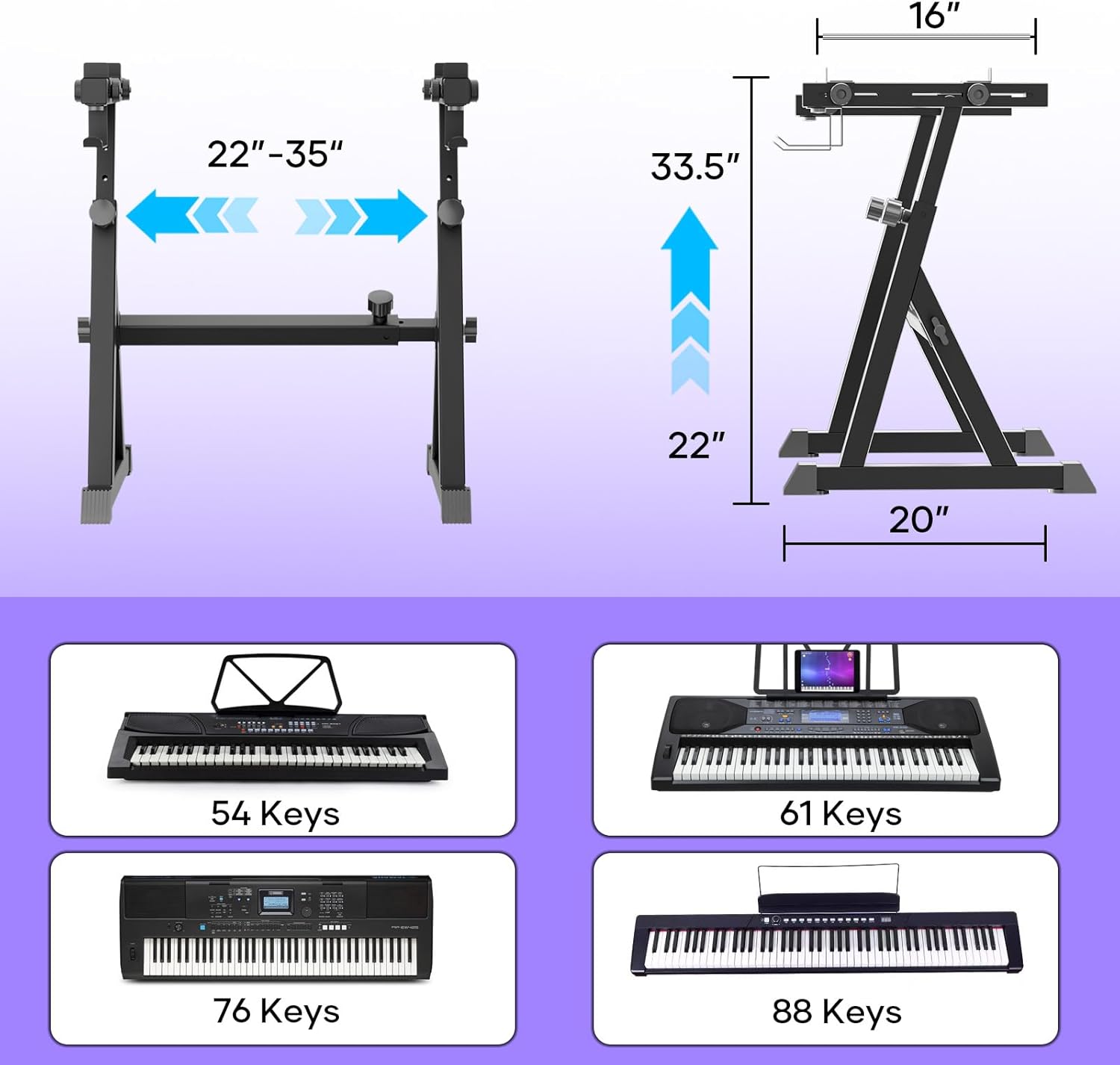 Piano Keyboard Stand, Z Style Adjustable and Portable Heavy Duty Keyboard Stand Supports up to 450lbs, Compatible with 54-88 Key Weighted Digital/Electric Pianos for Adults, Kids