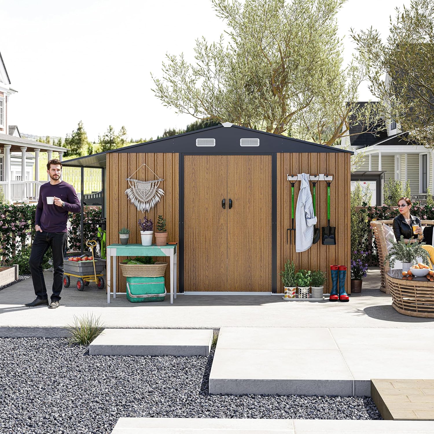 【LuckyNote】 10x12 Ft Outdoor Storage Shed, Extra Large Metal Shed with Lockable Doors, Windows, Outside Steel Tiny House Ideal for Garden, Backyard, Patio Utility, Tool Storage，3 Separate parcels